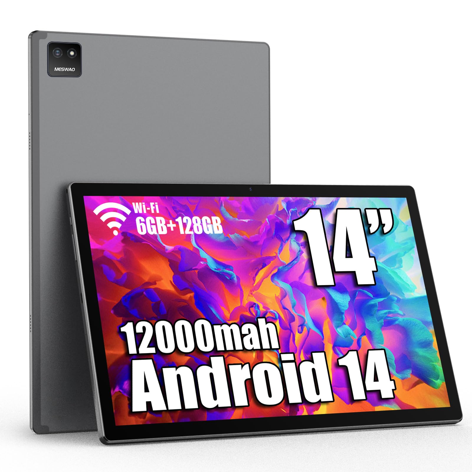 MESWAO 14 Inch Android 14 Tablet with Helio G99 Octa-Core, 6GB RAM 128GB ROM (Expandable to 1TB), 1920x1200 FHD Display, 12000mAh Battery, Bluetooth 5.0, WiFi, Quad Speakers, 32MP Camera - Perfect for Work, Study, Streaming & Gaming
