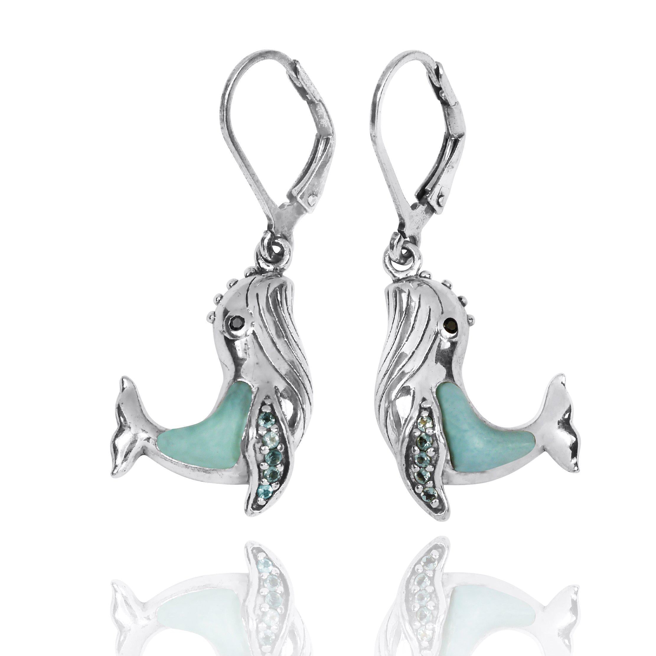 Caribbean Larimar Whale Earrings - Handmade Sterling Silver Dangle Earrings - Perfect for Beach Vacations & Boho Fashion