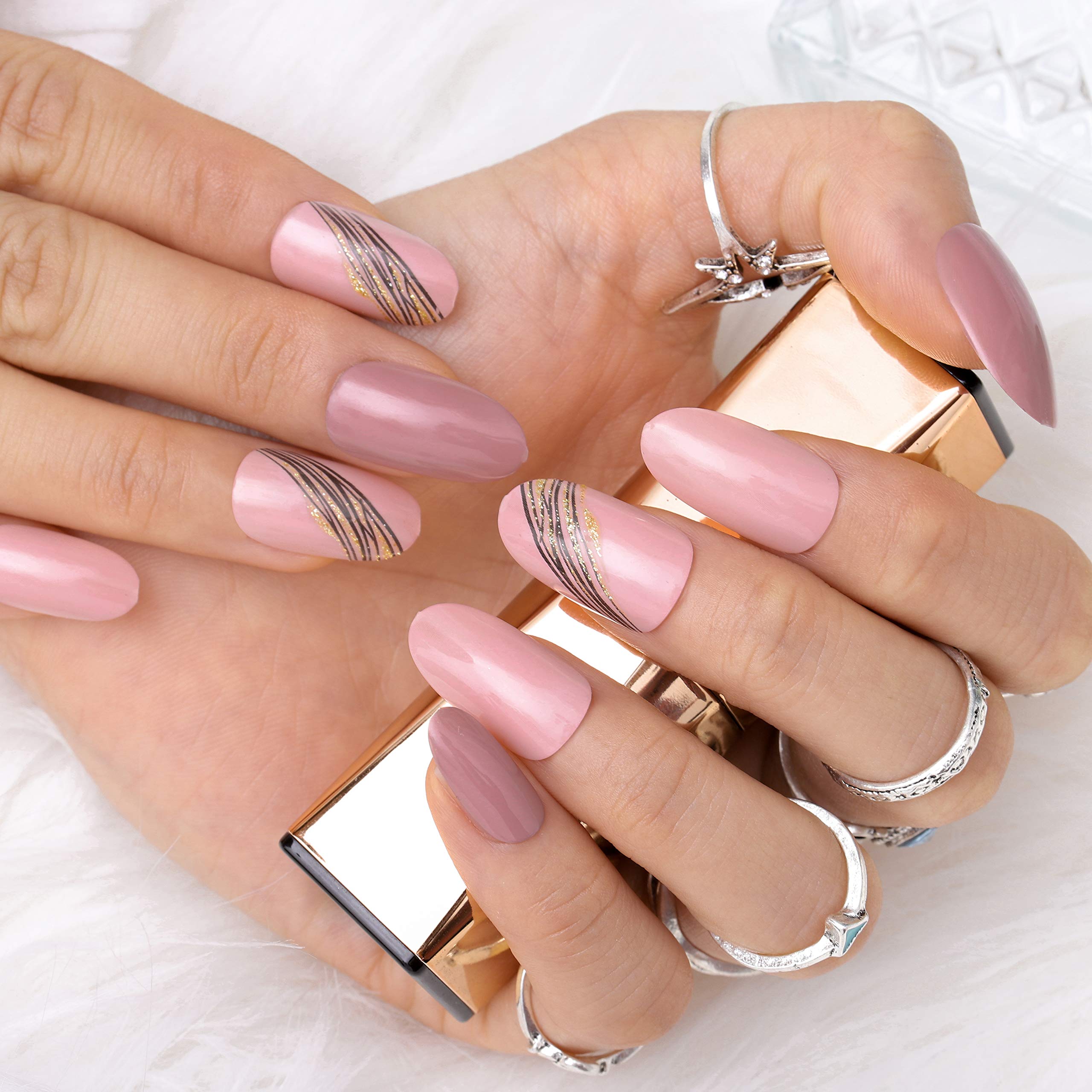 Blufly 24Pcs Glossy Stripe Press on Nails - Long Oval Shiny Frosted Fake Nails with Geometric Glitter Design, French Tip Acrylic Ballerina False Nails for Women and Girls (Fr-2) | Perfect for Parties, Weddings, Date Nights and Special Occasions