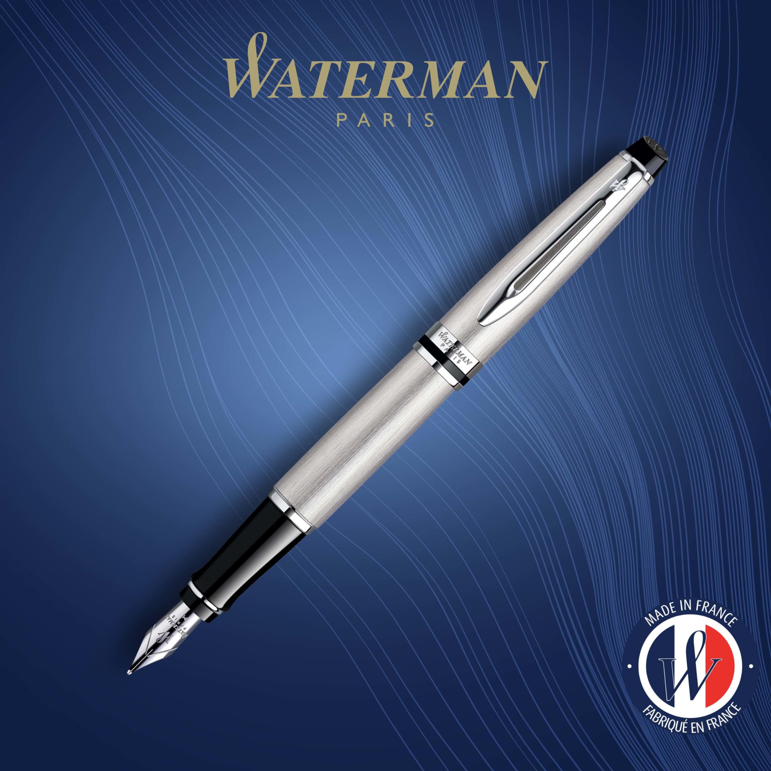 Waterman Expert Fountain Pen - Premium Stainless Steel with Chrome Trim, Medium Nib & Blue Ink Cartridge - Elegant Writing Instrument for Professionals, Gift Box Included - Perfect for Business Signatures, Journaling & Luxury Gifts