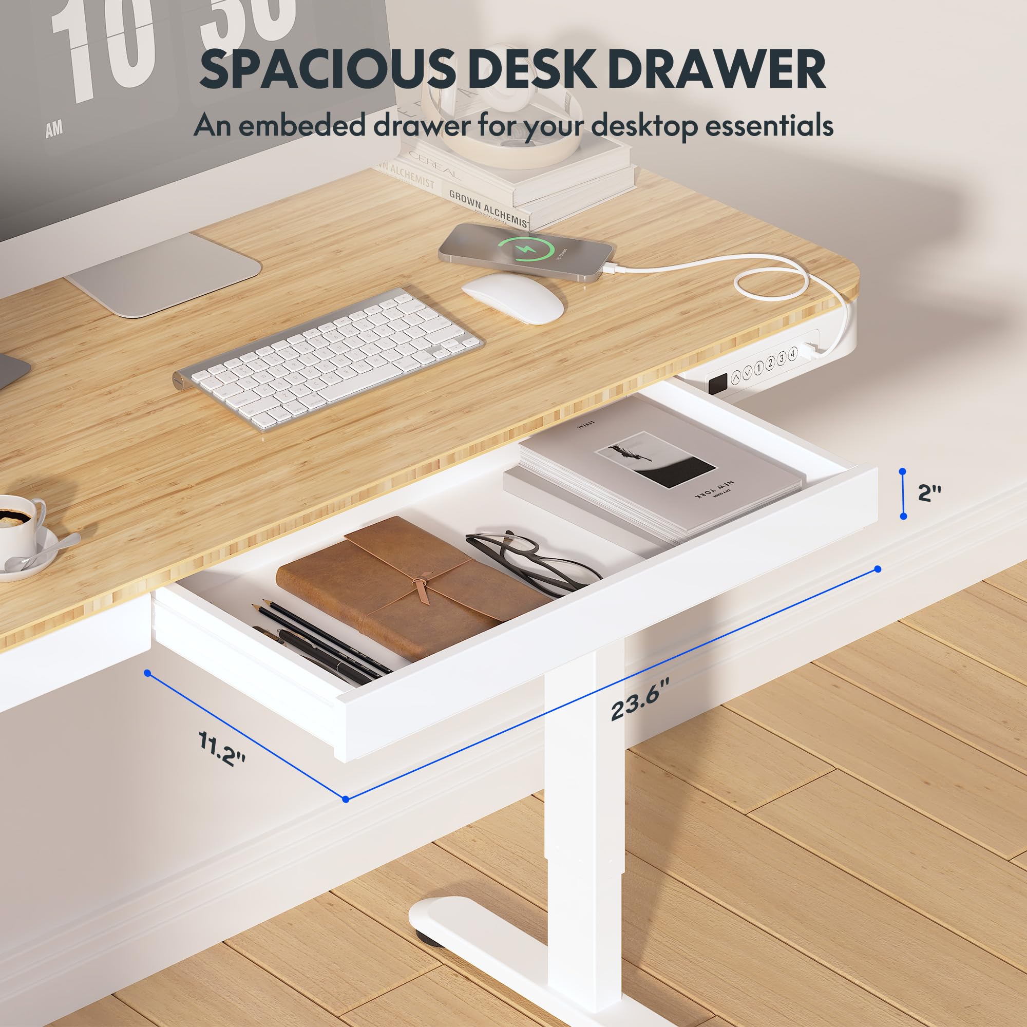 FLEXISPOT Comhar Electric Adjustable Standing Desk with Drawer & USB Charging Ports - Bamboo Texture/White Frame for Home Office & Workspace - Ergonomic Sit Stand Desk for Work, Study & Gaming