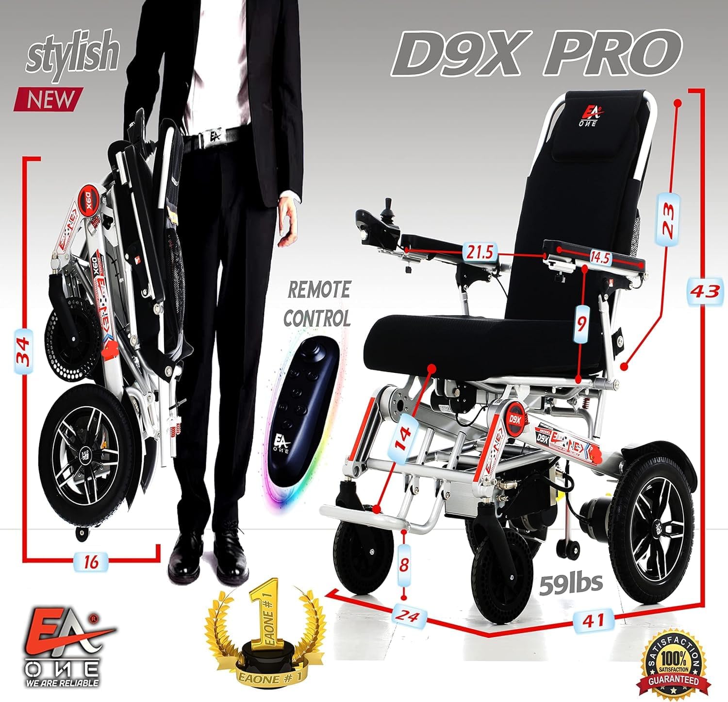 EAONE 2024 D9X PRO One-Click Automatic Folding Electric Wheelchair Scooter - Lightweight Mobility Scooter with Dual Turbo Motors & 21.5
