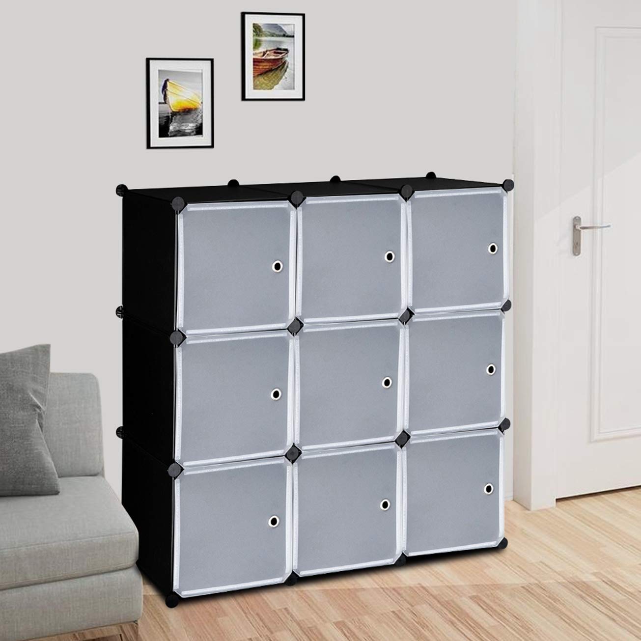 9-Cube DIY Plastic Closet Cabinet | Modular Bookshelf Organizer with Doors | Storage Shelf Units for Bedroom, Office & Kids Room | Simple Market Basket Stand by MITPATY