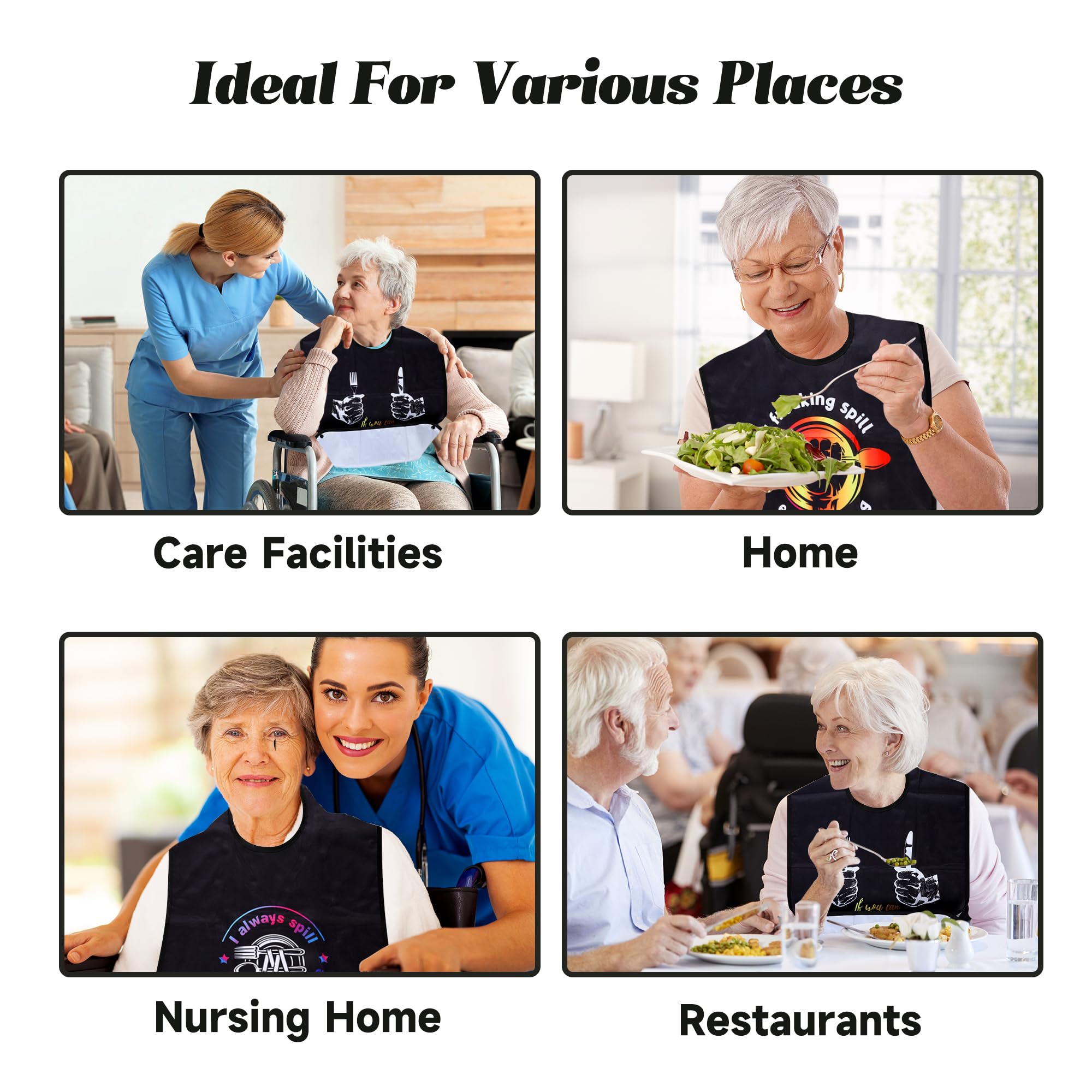 **3 Pack Reusable Waterproof Adult Bibs with Crumb Catcher - Washable Large Feeding Bib for Seniors & Adults - Perfect for Mealtime, Dining Out & Assisted Care**