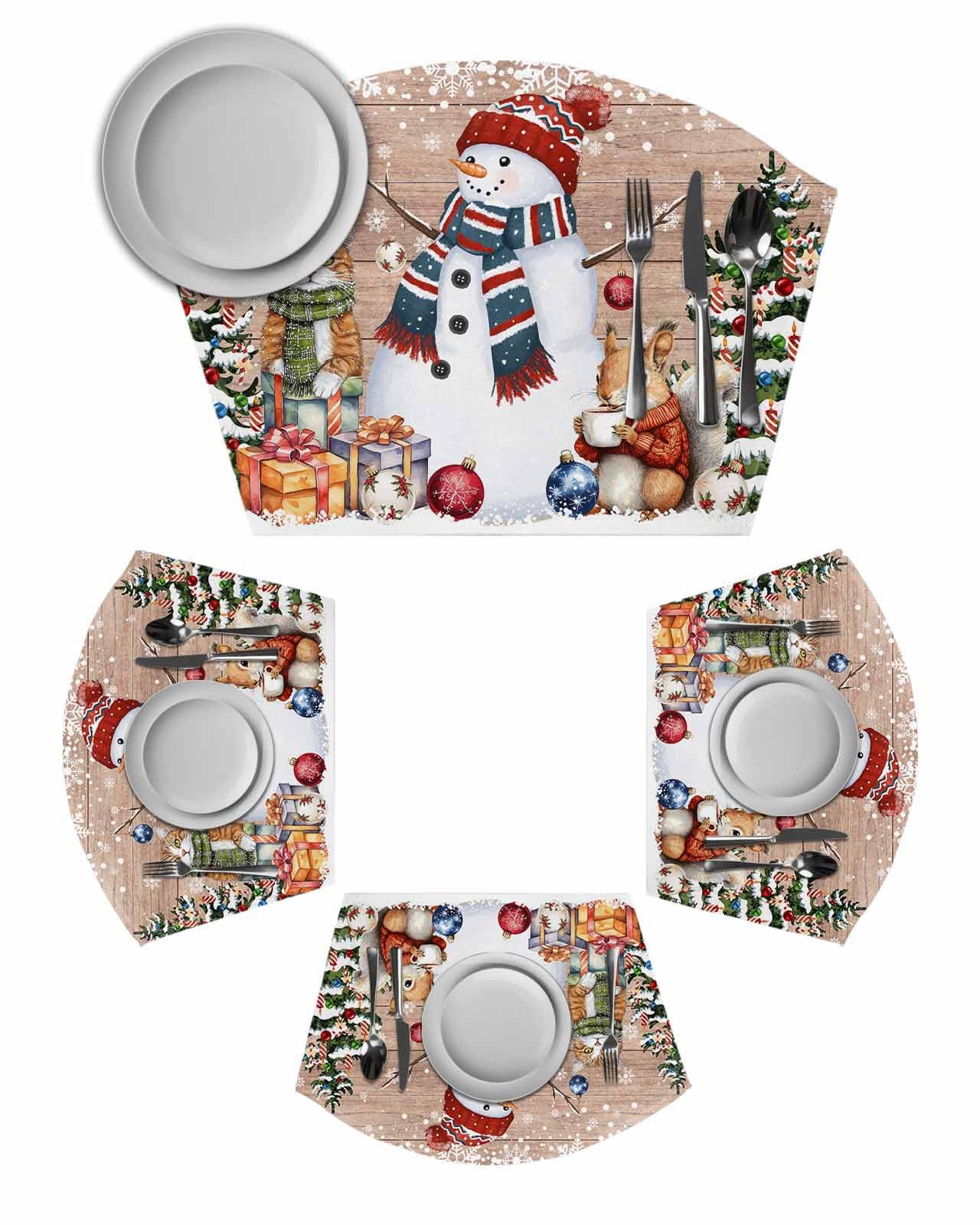 6-Piece Round Christmas Snowman Table Placemats Set - Washable Xmas Tree Wedge Placemats for Kitchen, Dining Table - Farmhouse Vintage Wood Look Fan-Shaped Mats for Indoor & Outdoor Use (Perfect for Holiday Decor & Dinner Parties)