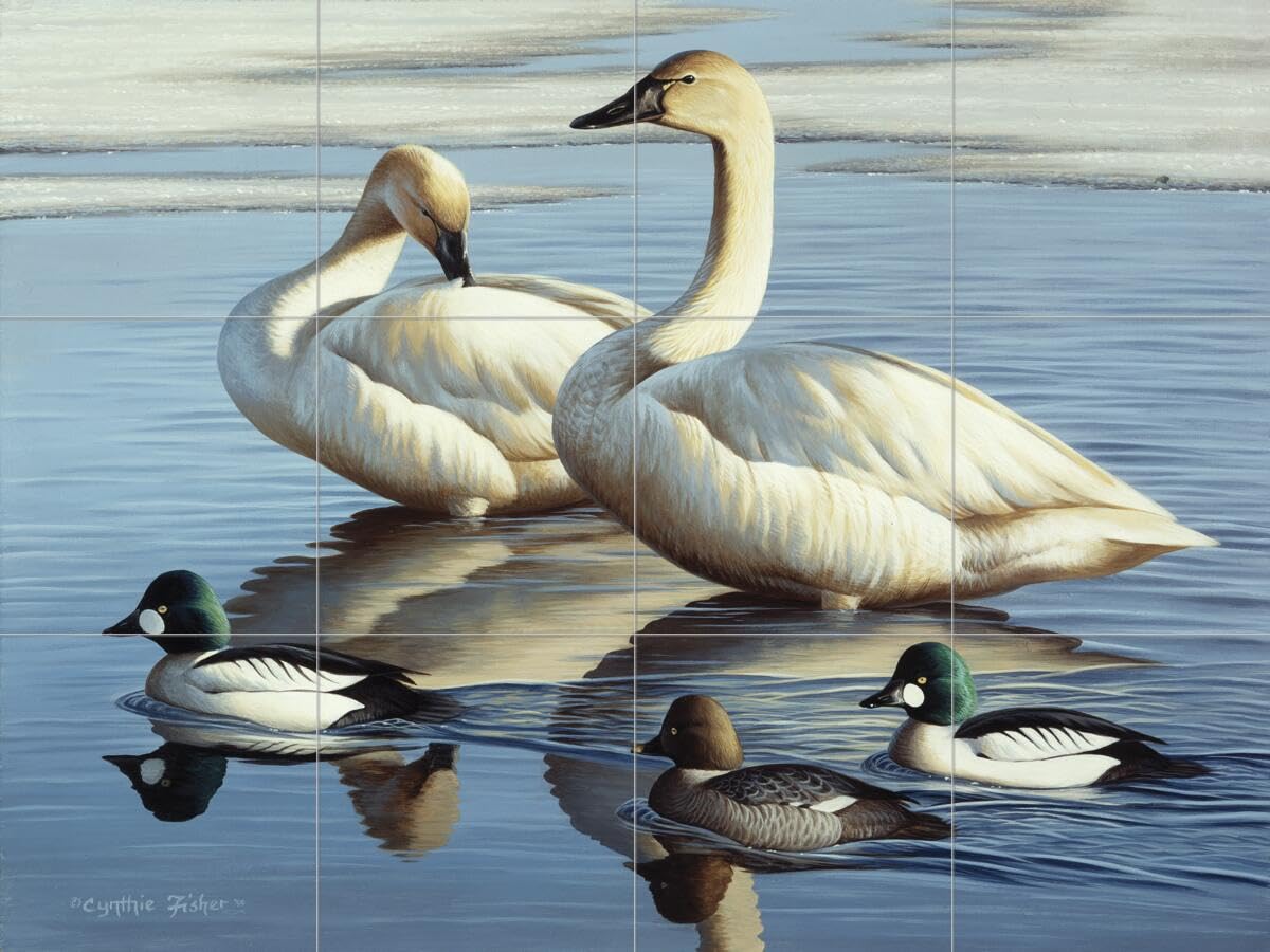 Hand-Painted Ceramic Backsplash Tile Mural - Waterfowl Bird Design with Swans & Goldeneyes by Cynthie Fisher for Kitchen & Bathroom Decor - Perfect for Farmhouse, Coastal, and Rustic Style Homes