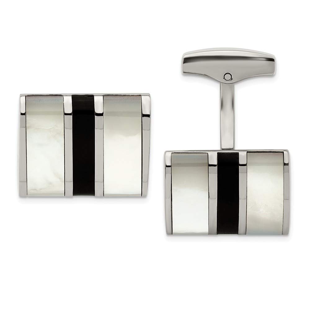 Premium Solid Stainless Steel Polished Black Semi-Precious Stone & Mop Cufflinks for Men - Elegant Wedding, Formal Attire & Business Office Accessories