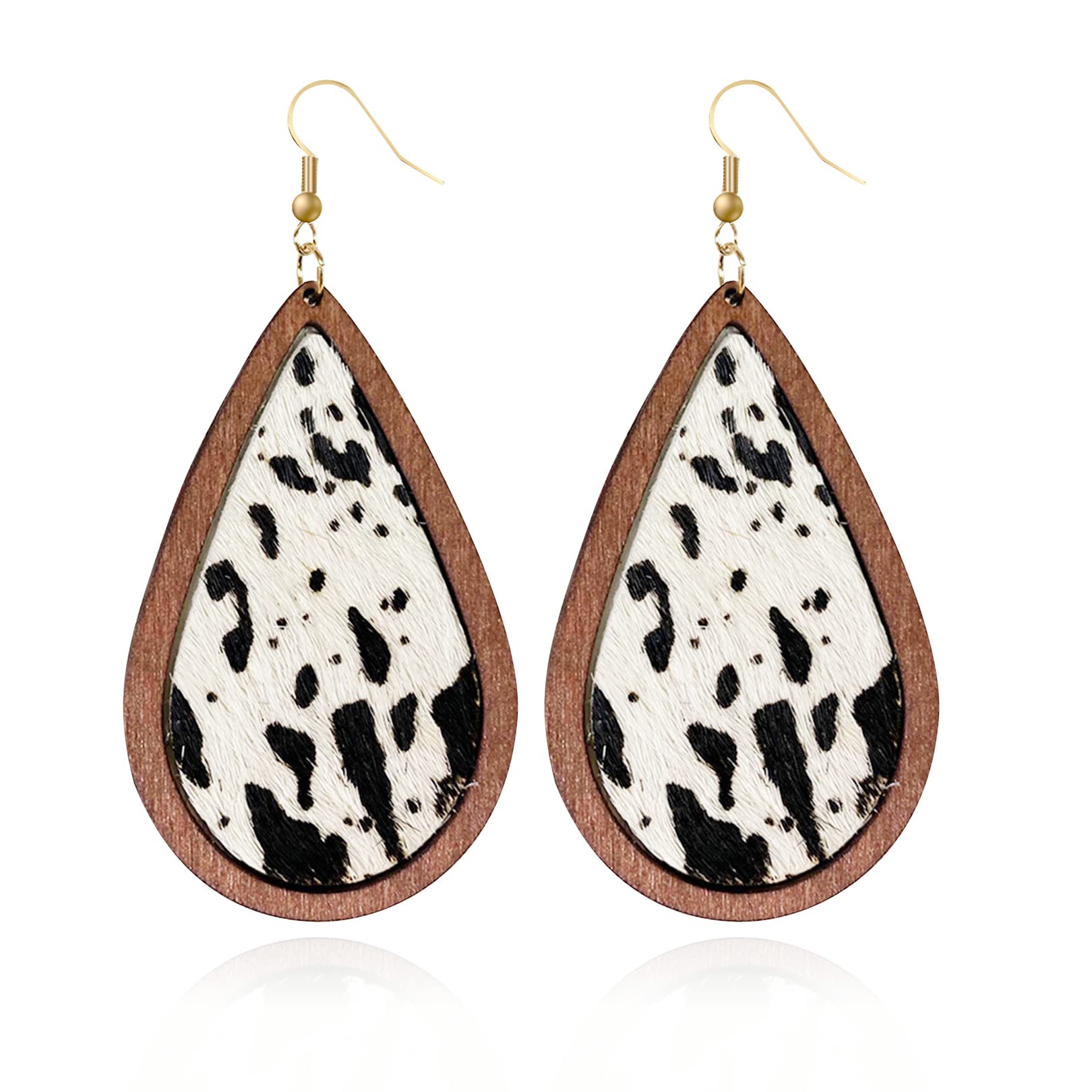 Cow Print Earrings for Women - Lightweight Genuine Leather & Wood Teardrop Dangle Earrings | Handmade Hypoallergenic Drop Earrings | Perfect for Boho Fashion, Casual Wear & Gift Giving