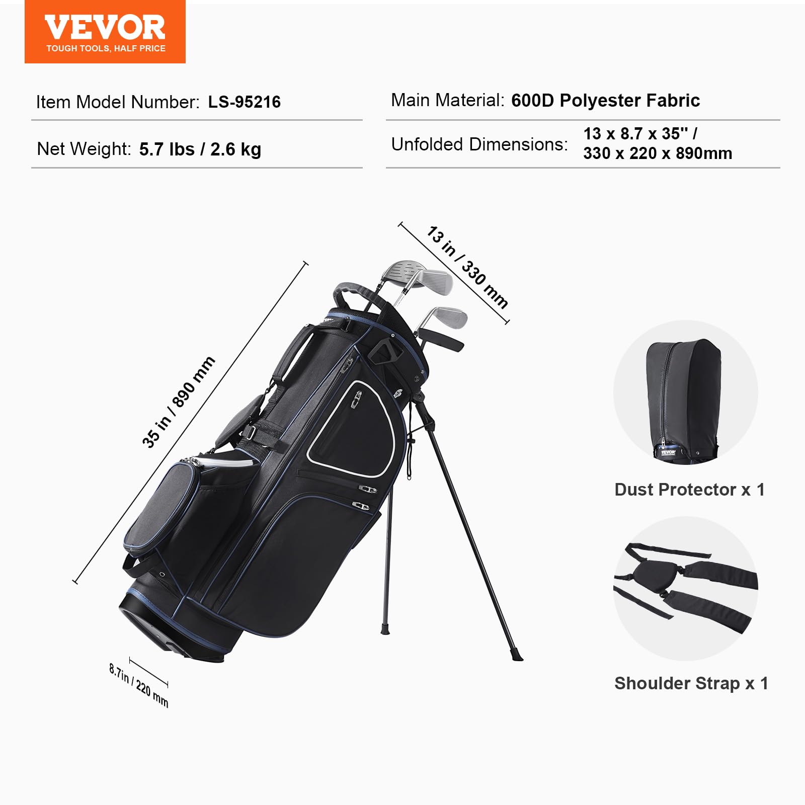VEVOR Premium 14-Way Golf Cart Bag with Stand - Durable Golf Bag with Organizer Divider Top, Handles, Dust Cover & Detachable Dual Strap for Men & Women - Perfect for Club Storage & Course Transportation