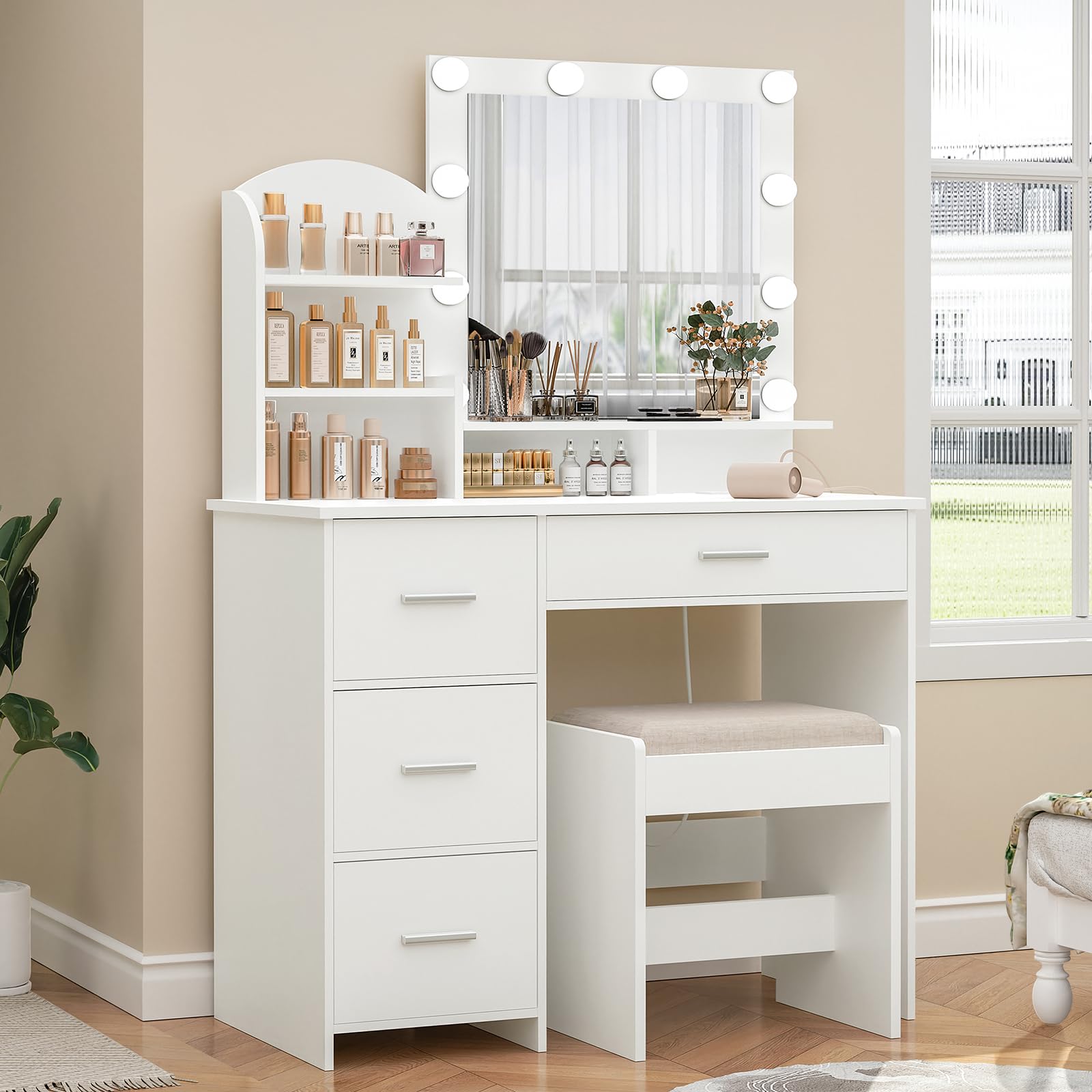 Quimoo 10-Light Makeup Vanity Desk with LED Mirror, 4 Drawers & USB Charging Station - White Vanity Set with Cushioned Stool for Bedroom, Dressing Room & Beauty Salon