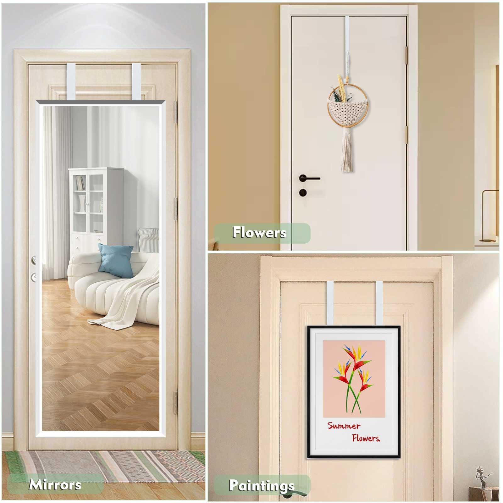 Adjustable Over-The-Door Mirror Hanger Set with Protective Lining - 2 White Door Mirror Hooks for Perfect Height & Fit (Mirror Not Included) - Ideal for Bedroom, Bathroom & Closet Organization