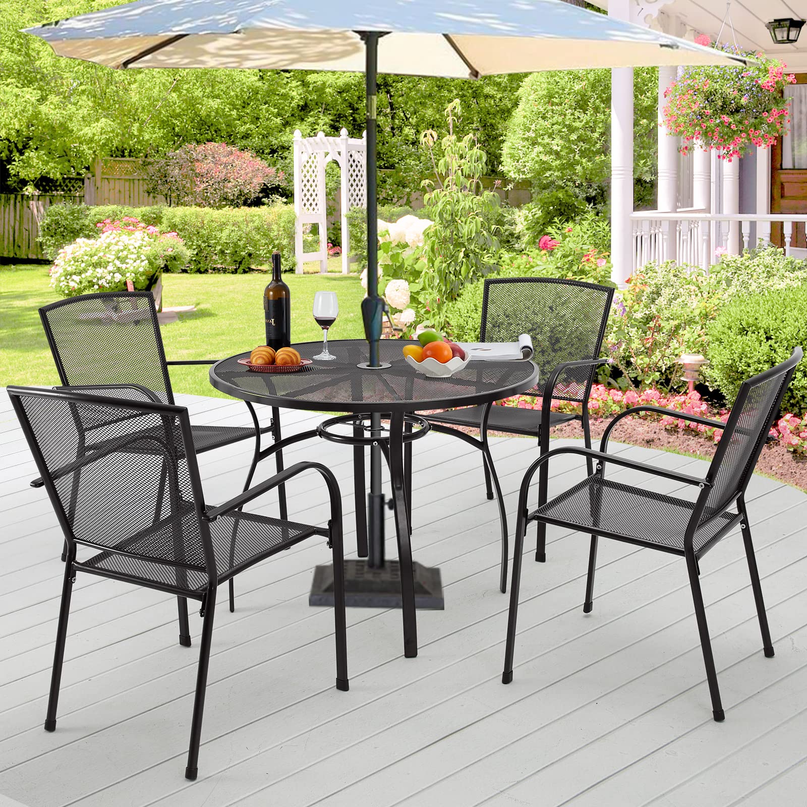 AECOJOY 37 Inch Round Outdoor Patio Table with Umbrella Hole - Weather-Resistant Steel Dining Table for Backyard, Garden, Porch, Bistro - Dark Grey - Perfect for Outdoor Dining, Entertaining & Relaxing