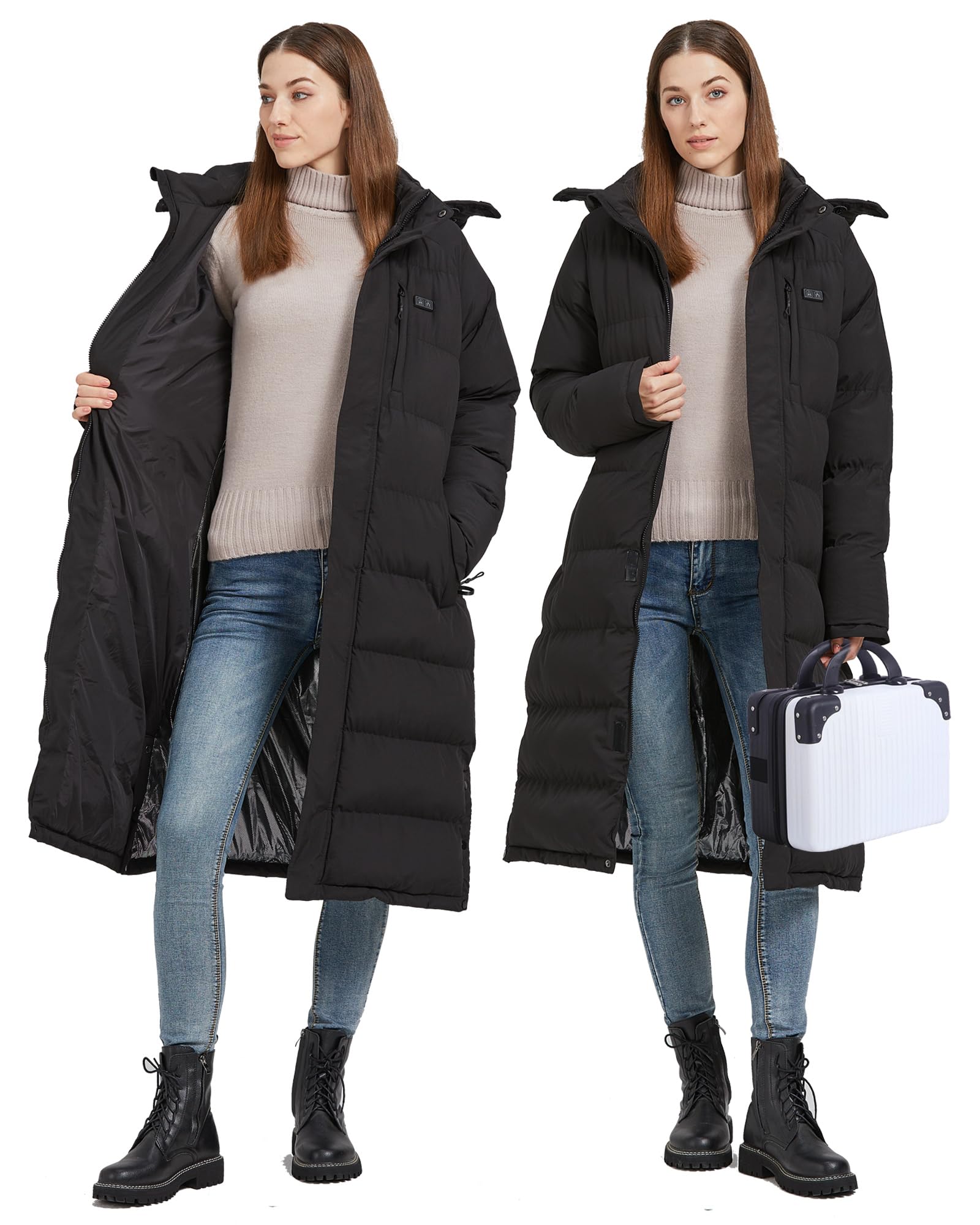 Women's Heated Long Jacket with Rechargeable Battery Pack - Winter Warm Coat for Women - Perfect for Outdoor Activities, Commuting & Cold Weather Fashion