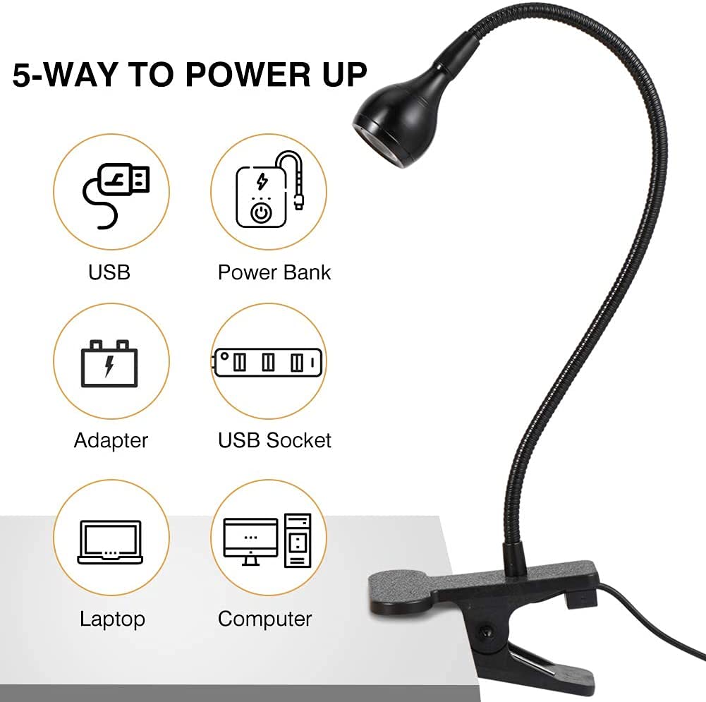 Ymiko USB LED Clip On Book Light - Adjustable Desk Lamp for Reading, Study, Night Light with Battery Port - Perfect for Home, Office, Kids Room (Black & White) | Bedside Reading, Homework, Nightstand Lighting