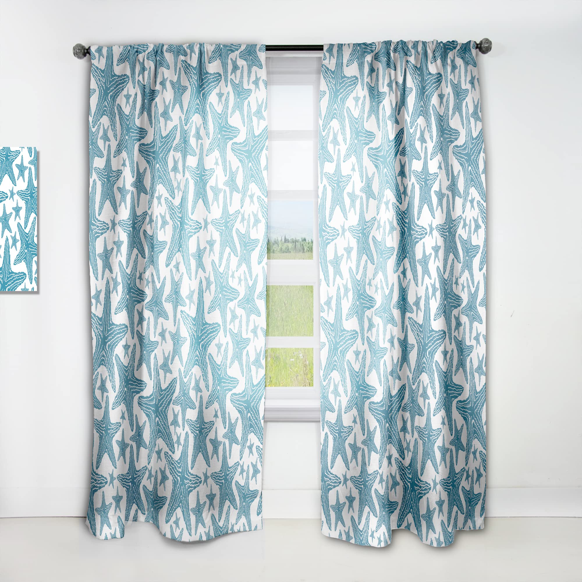 DesignQ Blue Starfish Pattern Thermal Insulated Curtains - Single Panel 52x90 Inches - Elegant Window Treatments for Bedroom & Living Room - Perfect for Coastal Decor, Beach House & Ocean Theme Rooms