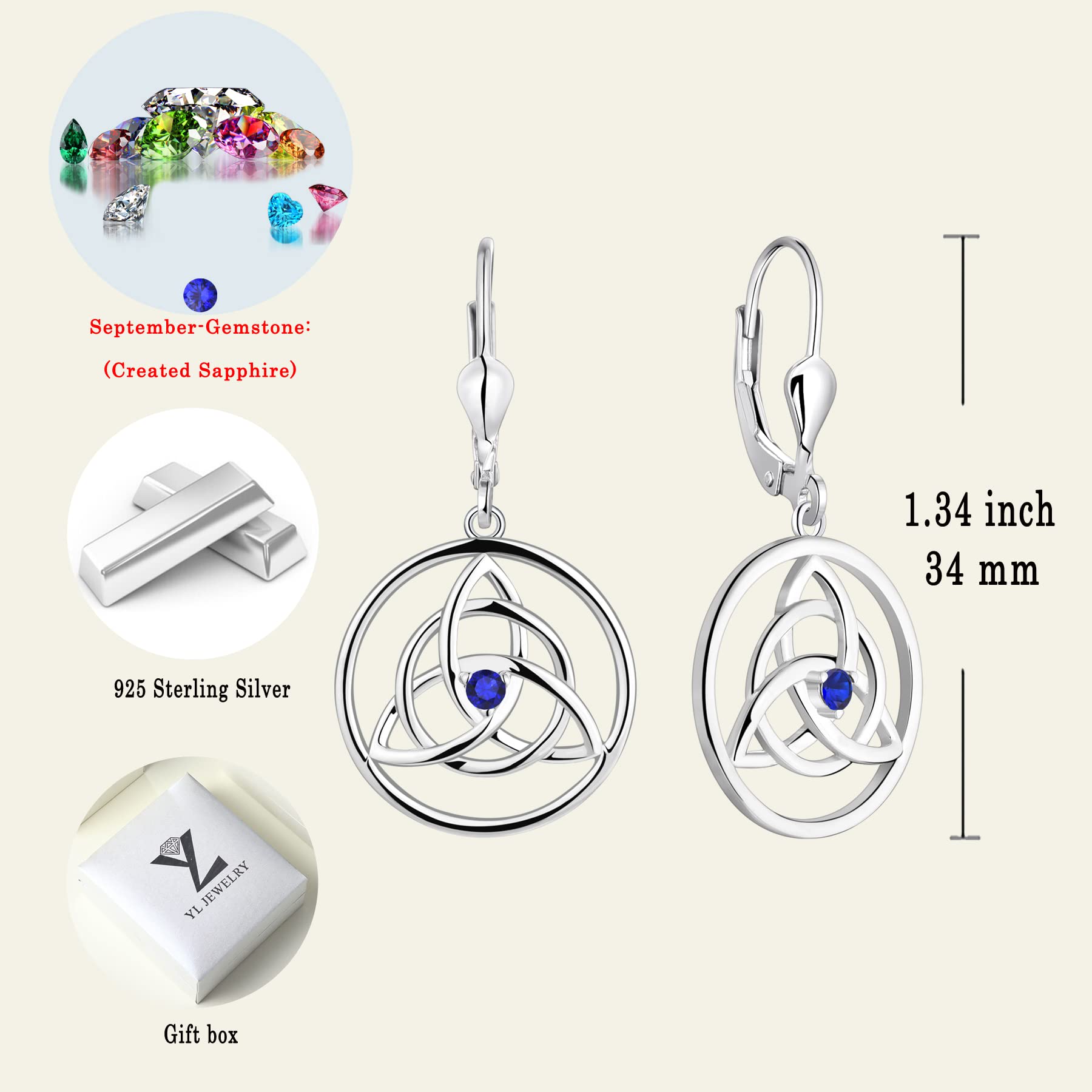 925 Sterling Silver Celtic Knot Earrings for Women - Trinity Leverback Birthstone Dangle Drop Jewelry | Perfect for Weddings, Parties & Everyday Wear