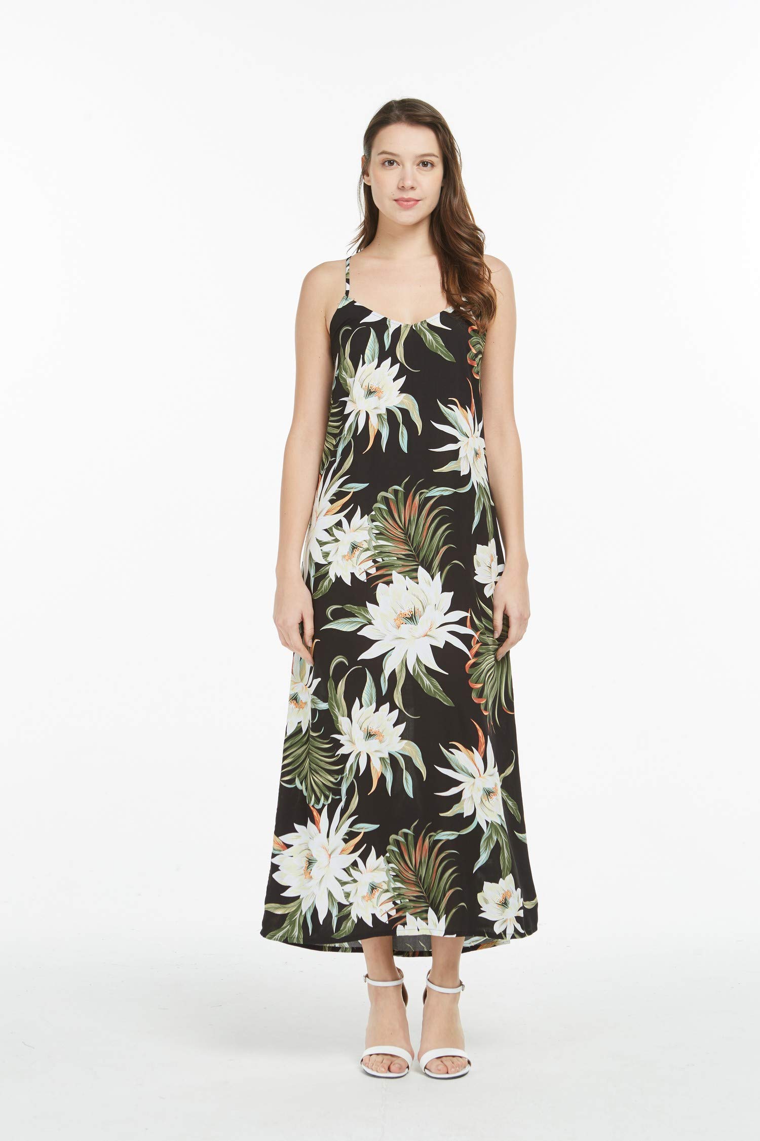 Hawaiian Luau Maxi Dress for Women - Floral Sweetheart Neckline Black Long Dress for Beach Party, Summer Vacation, and Tropical Events