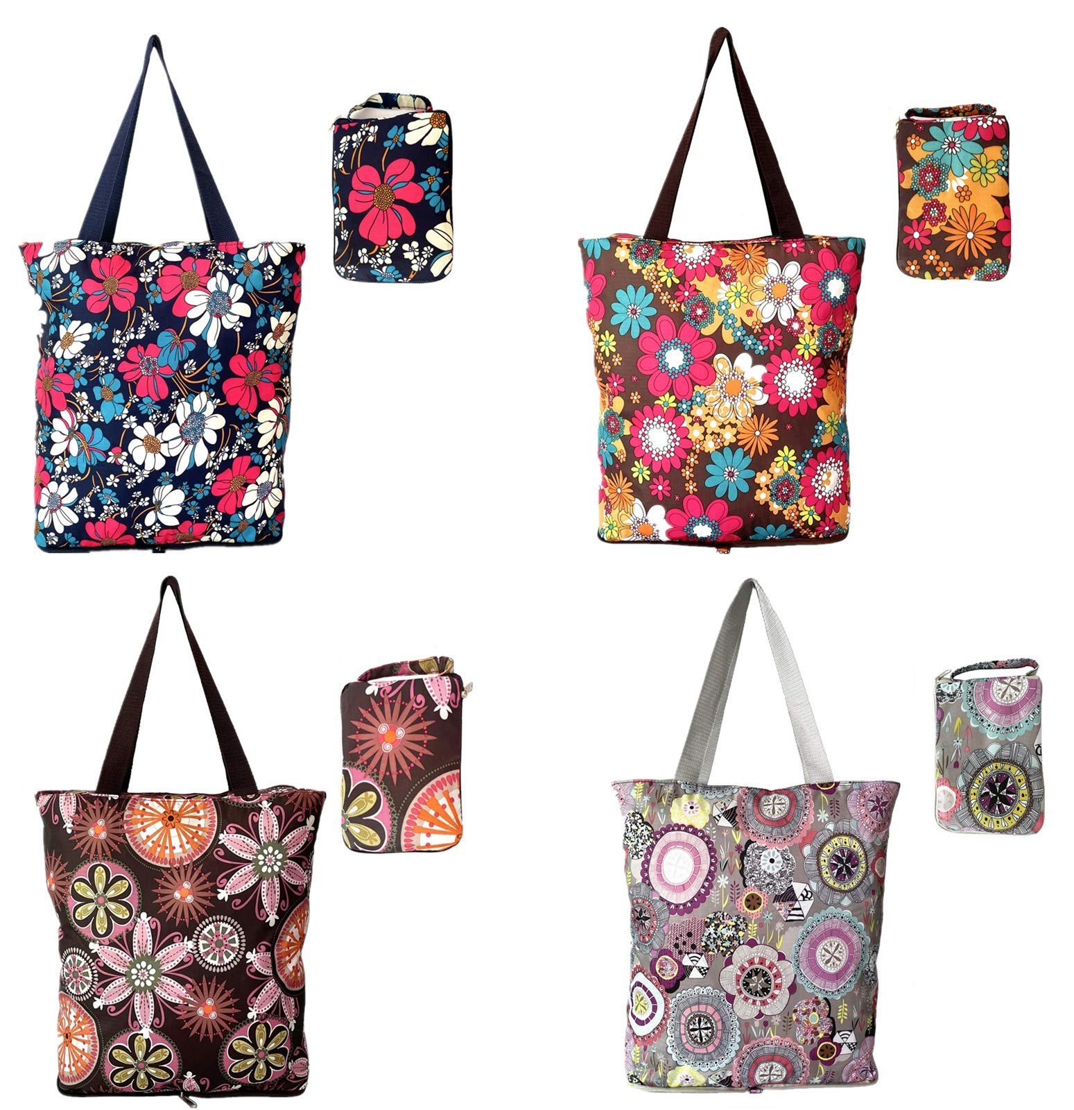 4 Pack Foldable Reusable Grocery Bags with Zipper - Floral Design Lightweight Durable Shopping Tote Bags Holds 50LBS - Perfect for Grocery Shopping, Farmers Market, Picnics & Travel