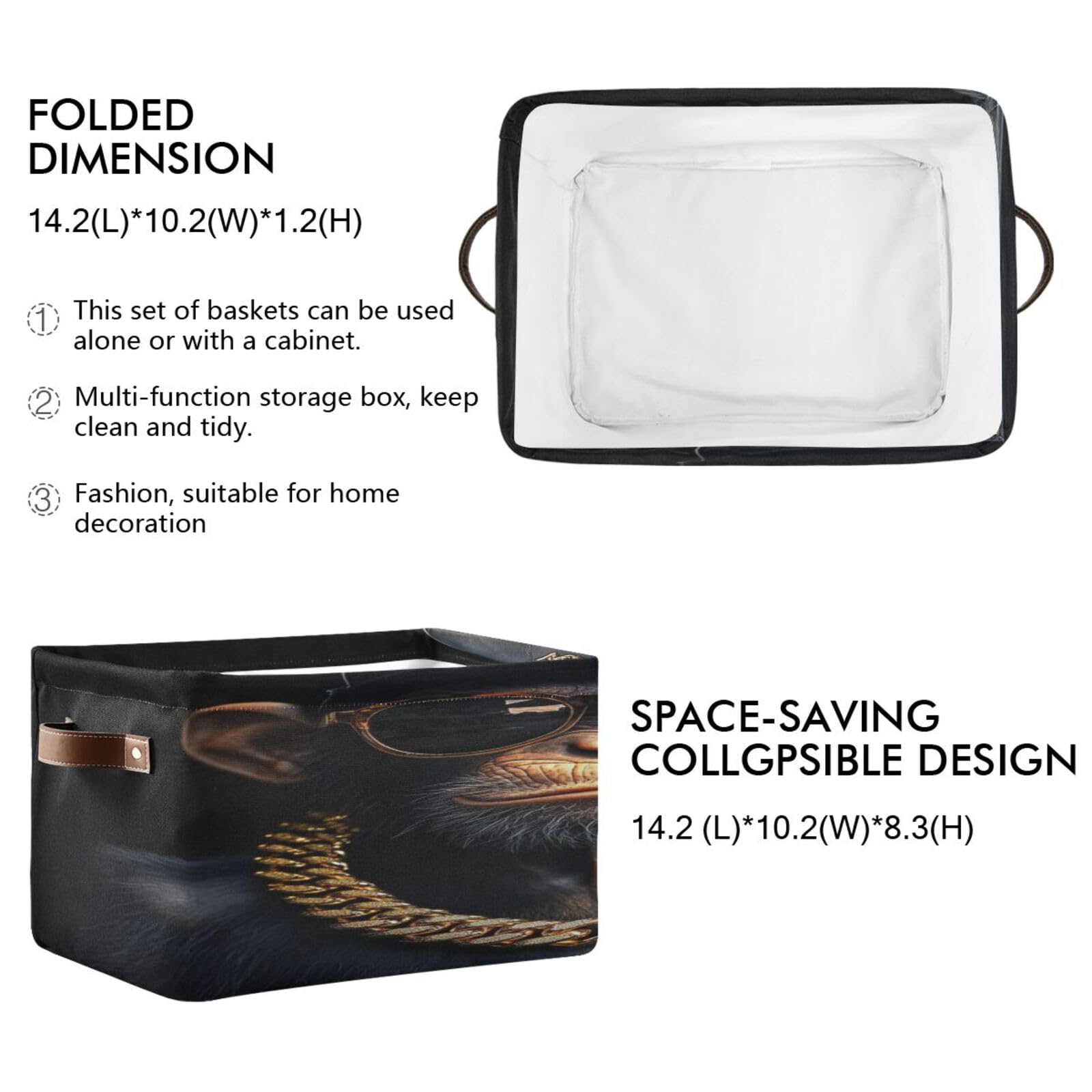 Large Foldable Storage Baskets with Handles - 2 Pack Organizing Bins for Closet, Shelves & Home Organization | Durable & Stylish Hip Hop Cool Monkey Design | Perfect for Bedroom, Bathroom & Kids Room Storage Solutions