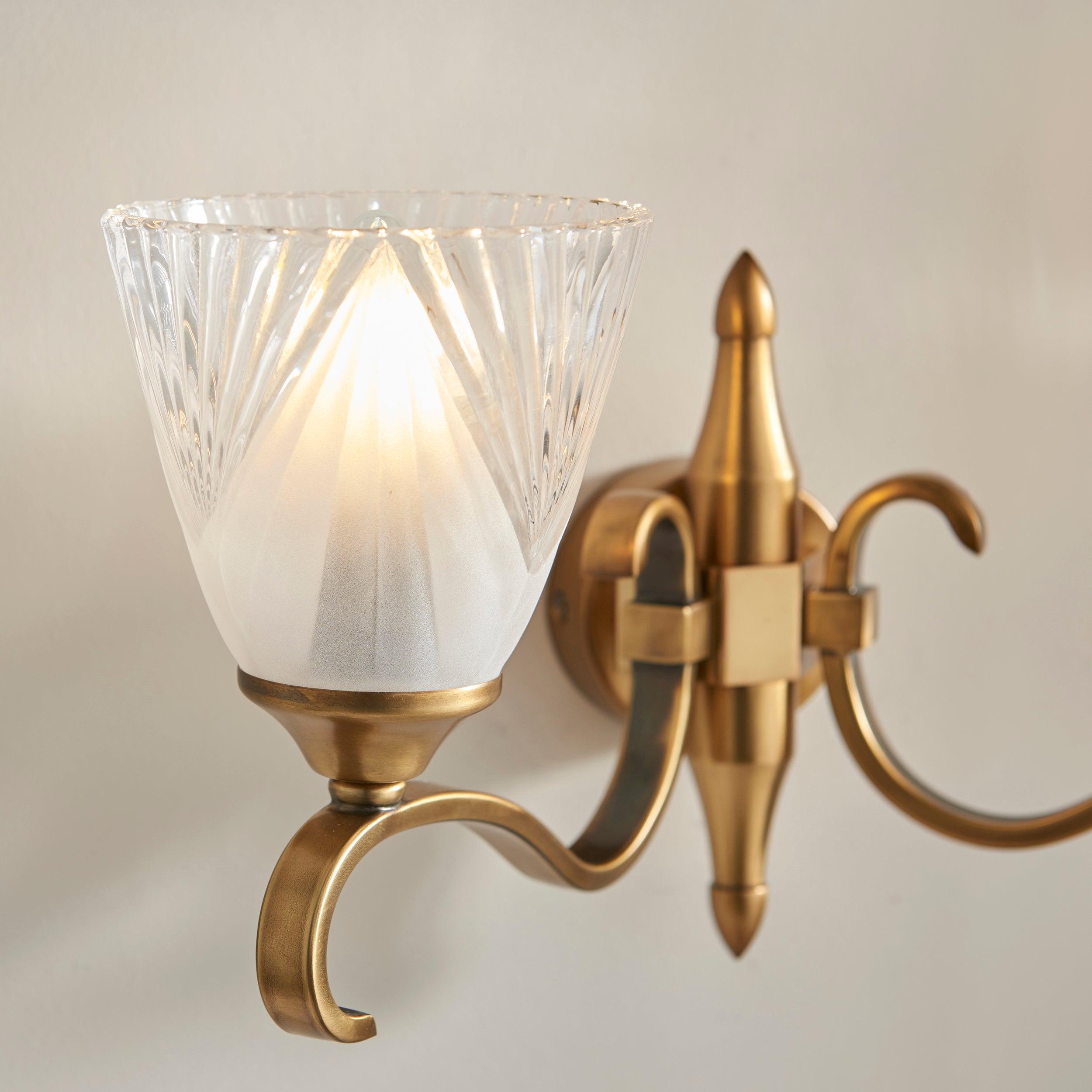 Columbia Brass Twin Wall Light with Cut Glass Shades - Vintage Style Sconce for Living Room, Bedroom, or Hallway Lighting