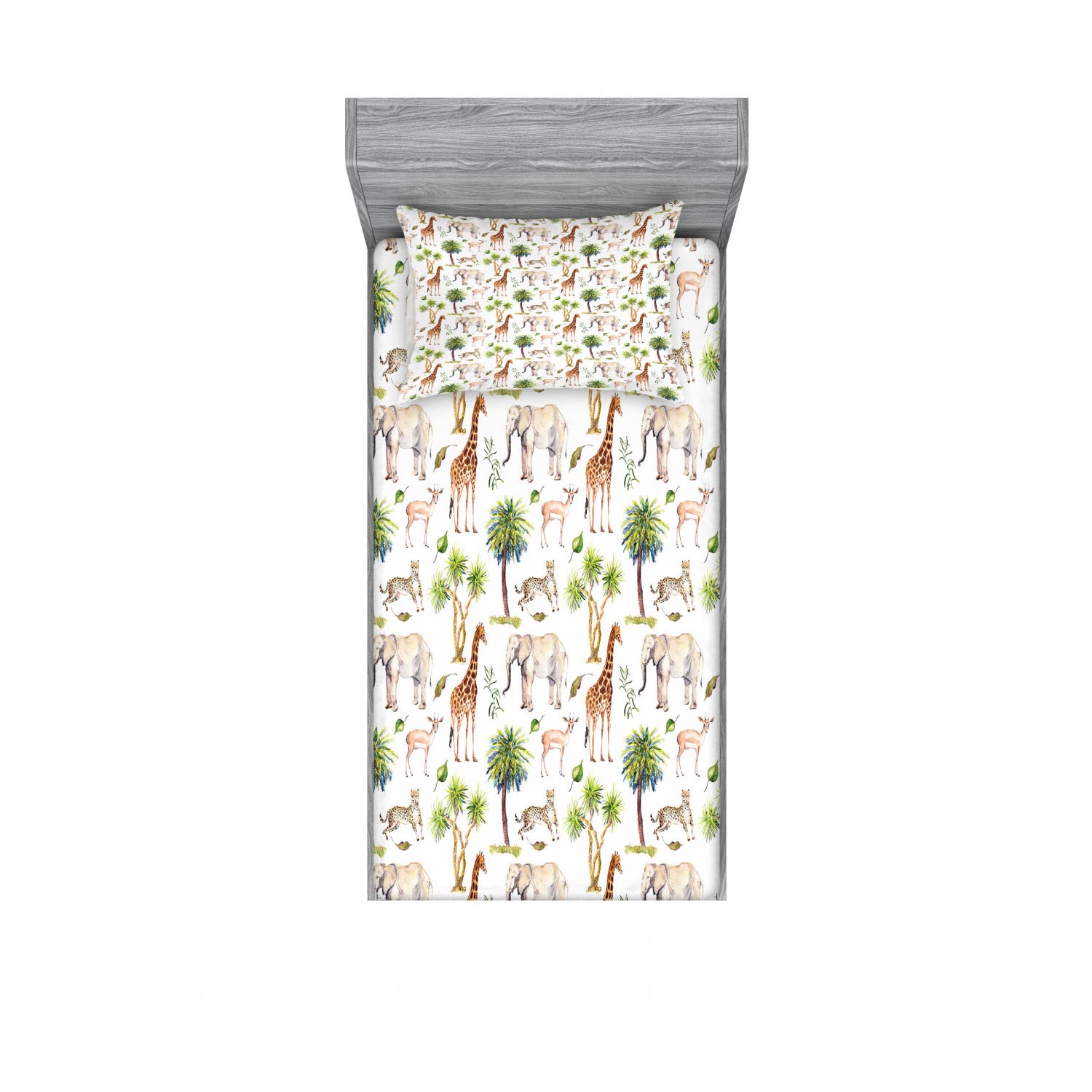 Ambesonne 2-Pack Watercolor Giraffe Savannah Twin XL Fitted Sheet & Pillow Sham Set - 4 Piece Animal Print Bedding Decor for Kids & Teens - Perfect for Jungle Themed Bedrooms, Dorm Rooms & Safari Nursery Decor