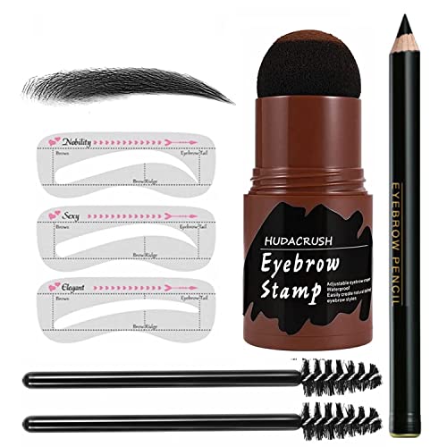 HUDACRUSH BEAUTY 7-in-1 Eyebrow Pencil Kit with Stamp, 2 Brushes & 3 Stencils - Waterproof Eyebrow & Hairline Stamp Shadow Stick (Black) - Perfect for Daily Makeup, Eyebrow Shaping & Touch-Ups On-The-Go