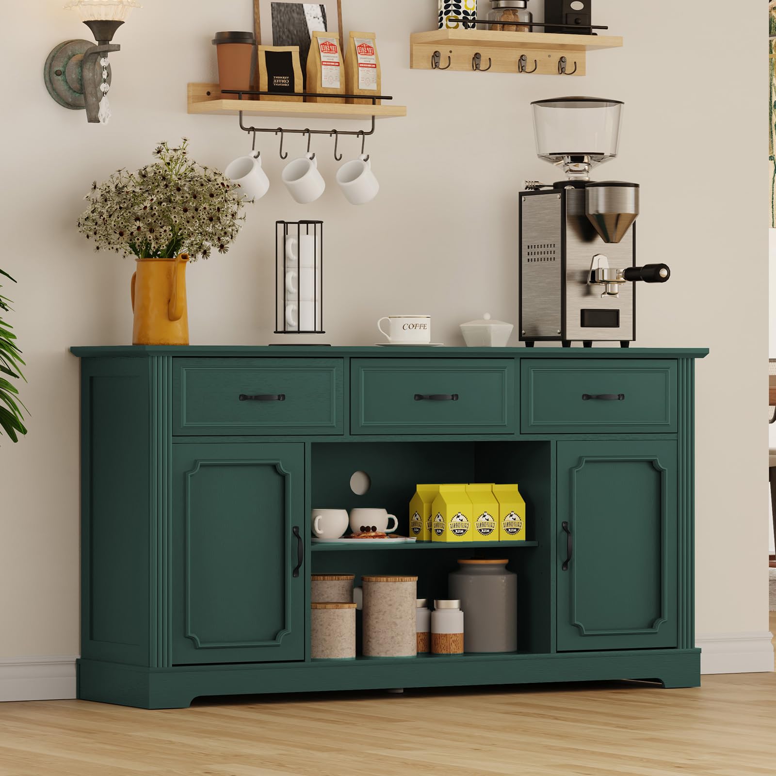 ARTPOWER Mid Century Modern TV Stand for 65 Inch TVs - Wooden Entertainment Center with 3 Drawers & Adjustable Shelves, Storage Cabinet for Living Room (Green) - Perfect for Home Theater Setup & Living Room Organization