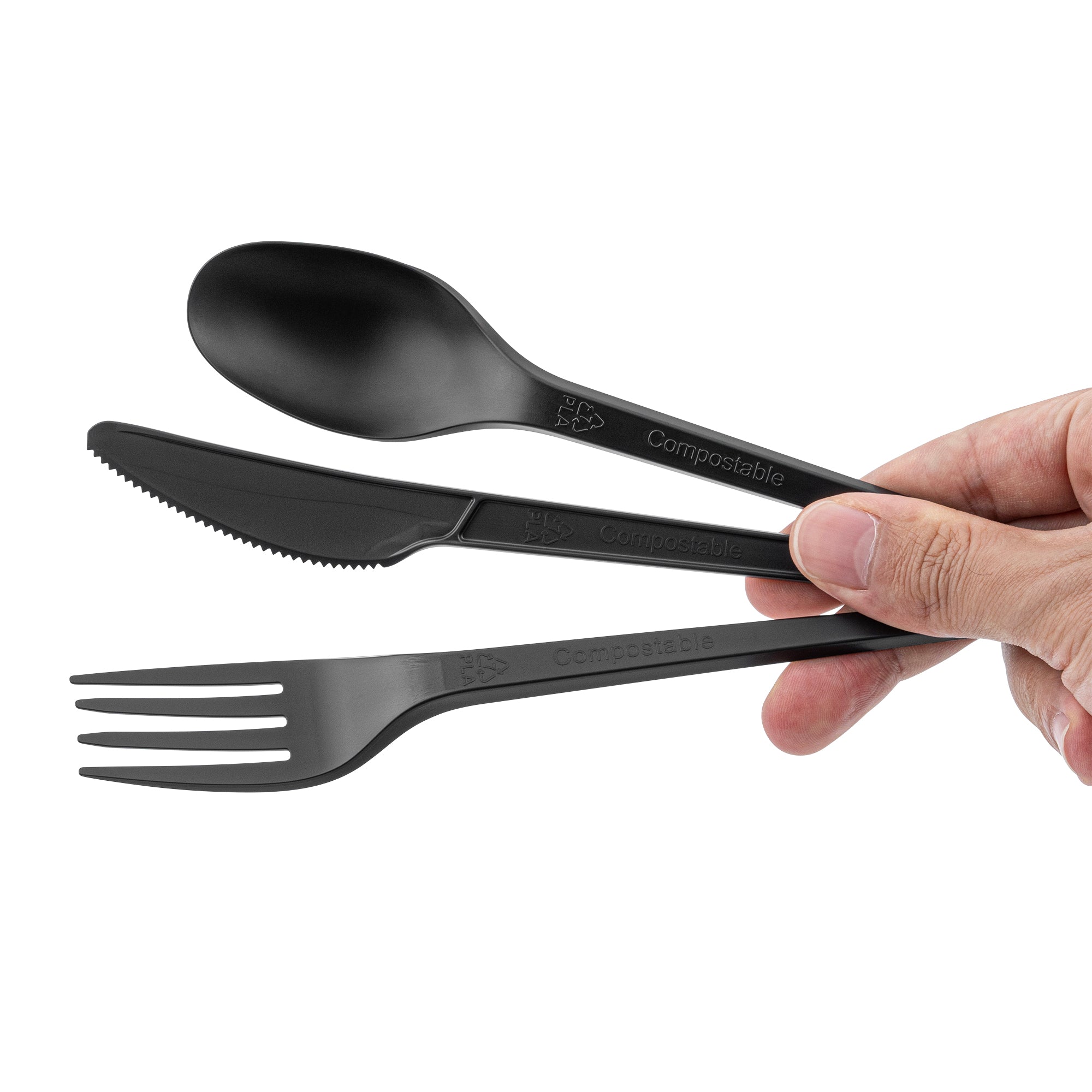 Eco-Friendly Black CPLA Plastic Cutlery Set - 100-Piece Compostable Cutlery with Heat-Resistant Wrapper (6.5