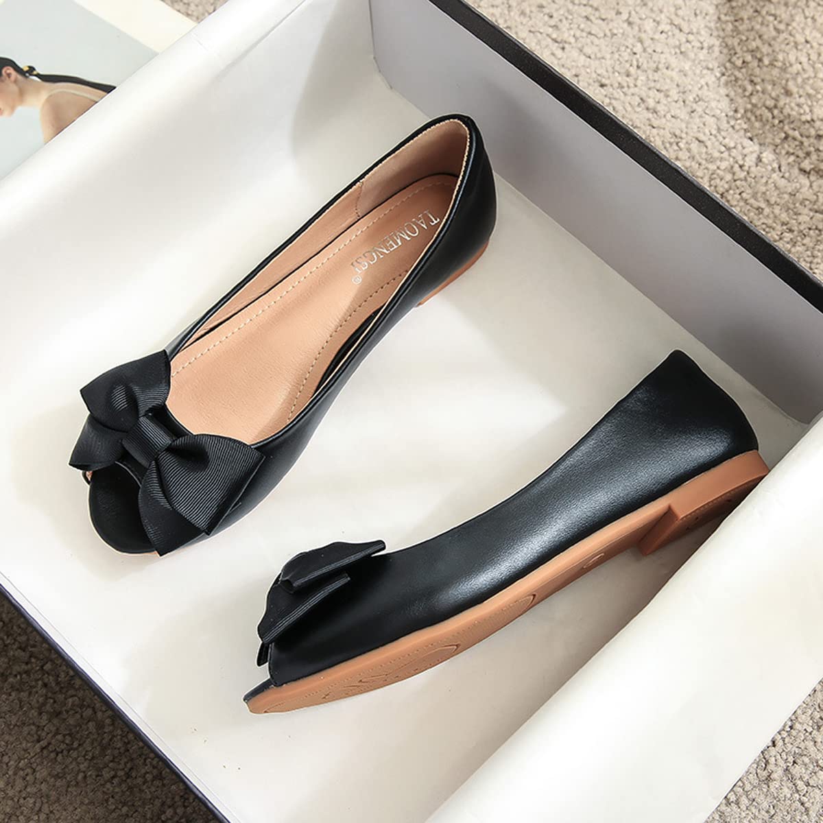 HuangTaiJi Qing Women's Elegant Peep Toe Bow Flats - Comfortable Slip-On Non-Slip Ballet Shoes for Party, Dating & Office Wear | Perfect for Weddings, Work & Casual Outings