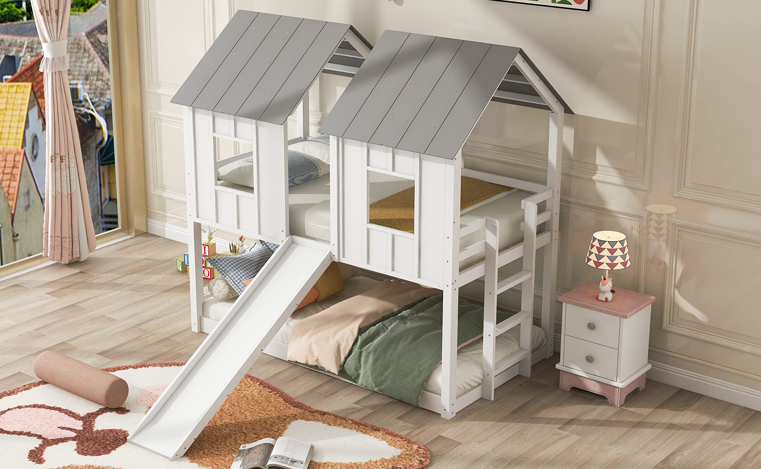 MERITLINE Twin Over Twin Kids House Bunk Bed with Slide, Roof & Windows - Playhouse Bed for Boys & Girls (No Spring Box Needed, White) | Perfect for Bedrooms, Playrooms & Sleepovers