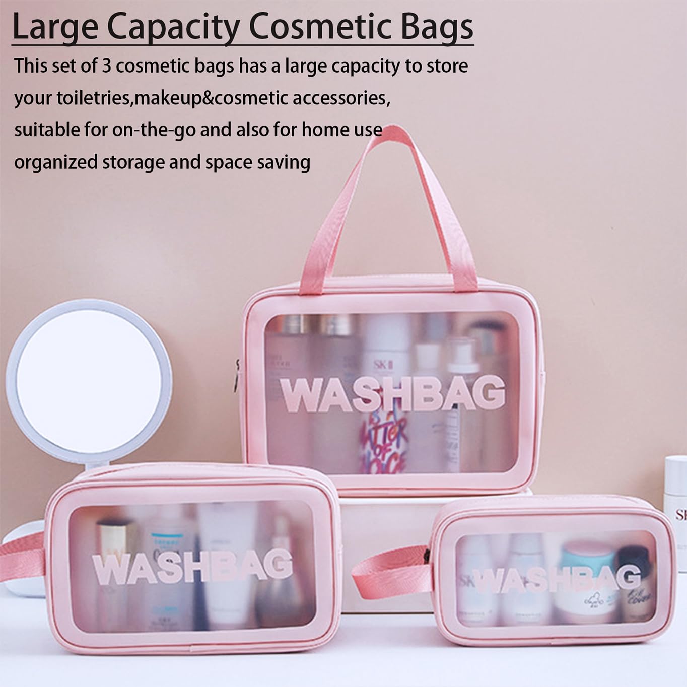 VAVSYL 3-Piece Clear Toiletry Bag Set for Women - Waterproof Travel Cosmetic Organizer, Makeup Pouch & Bathroom Essentials Bag - Perfect for Vacation, Gym, Business Trips & Daily Use (Pink)