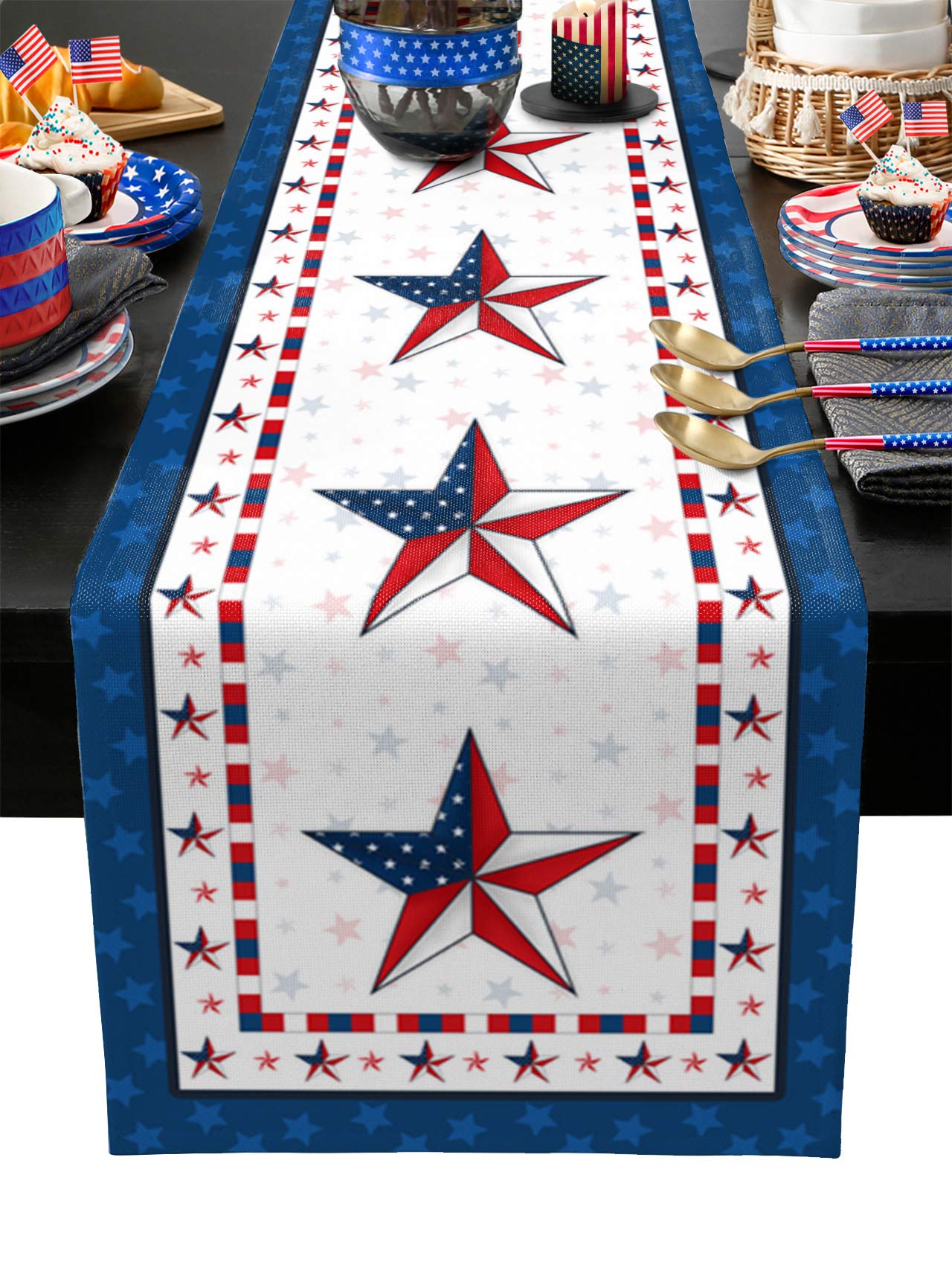 4th of July Table Runner - 120 Inch Long Patriotic Table Decor, American Flag Star Red White Blue Independence Day Table Scarf for Wedding, Party, Banquet, Coffee Table & Home Decoration | Perfect for Holiday Celebrations & Patriotic Events