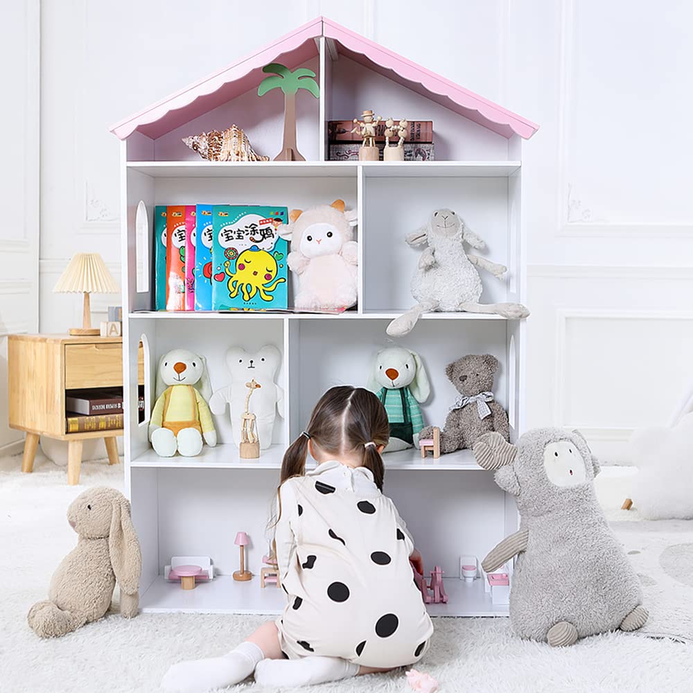 Wooden Dollhouse Bookcase - Kids Bookshelf & Toy Organizer for Bedroom, Playroom, Nursery & Kindergarten - Perfect for Storybook Display & Toy Storage