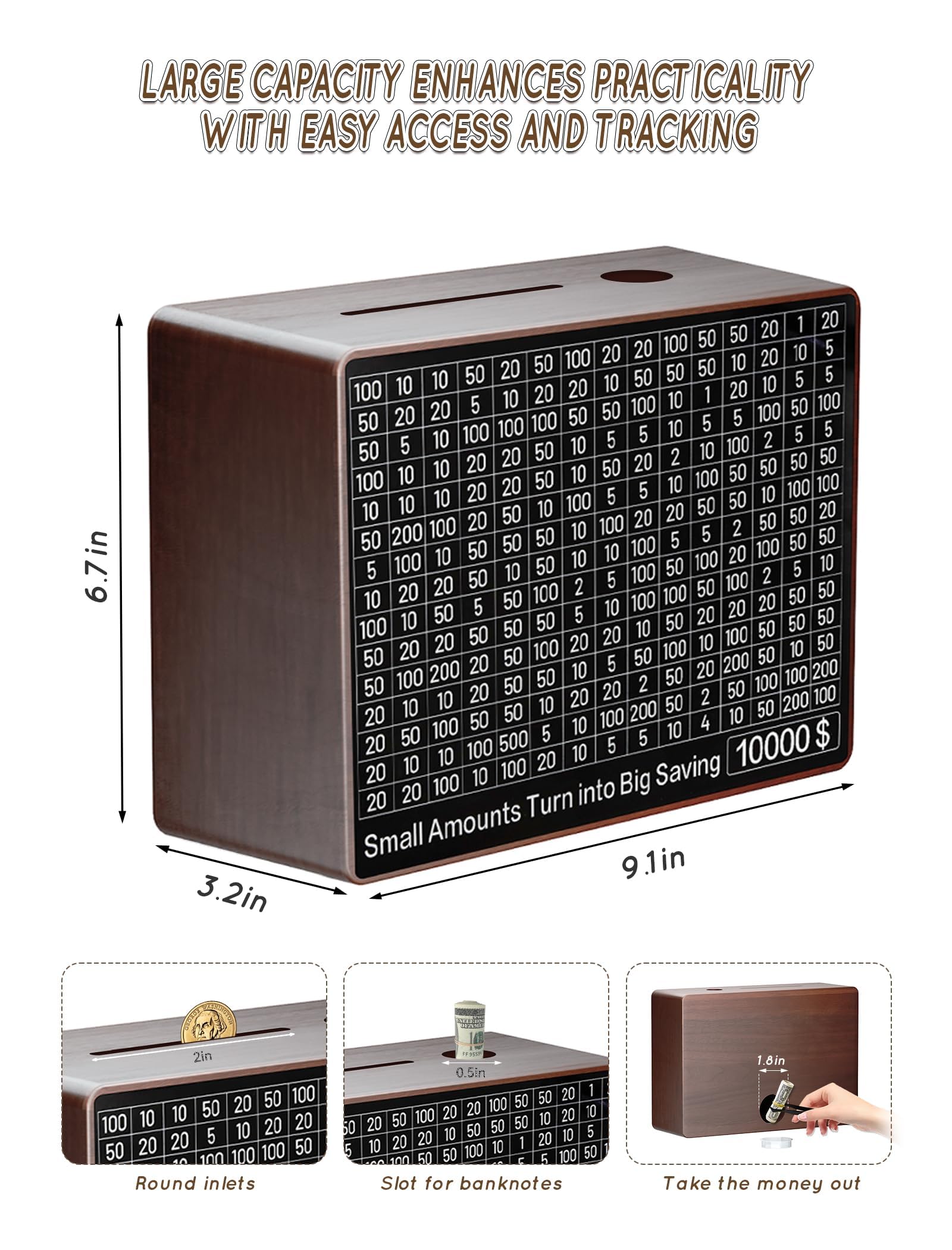 Wooden Money Saving Box with 10 Targets ($200-$10,000) - 9.1 x 6.7 x 3.2 Inches Reusable Cash Savings Challenge Box for Kids & Adults - Perfect for Budgeting, Emergency Funds & Financial Goals (Brown)