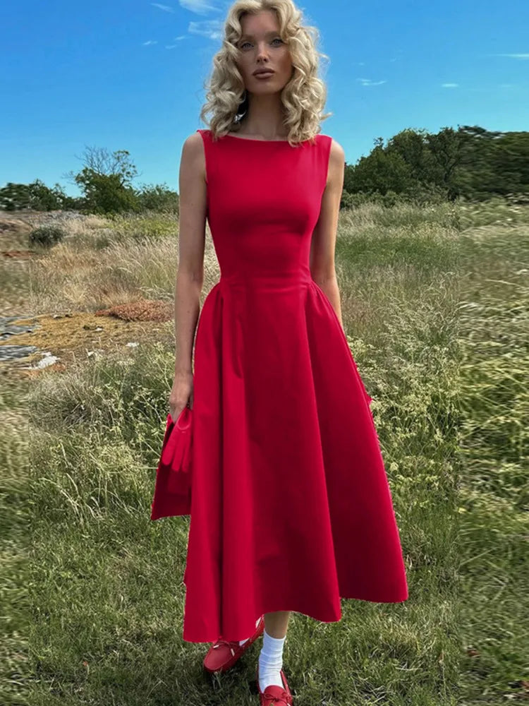 Elegant Backless A-Line Maxi Dress for Women - Solid Color O-Neck Sleeveless Long Gown with High Waist - Perfect for Beach Vacations, Summer Parties & Date Nights