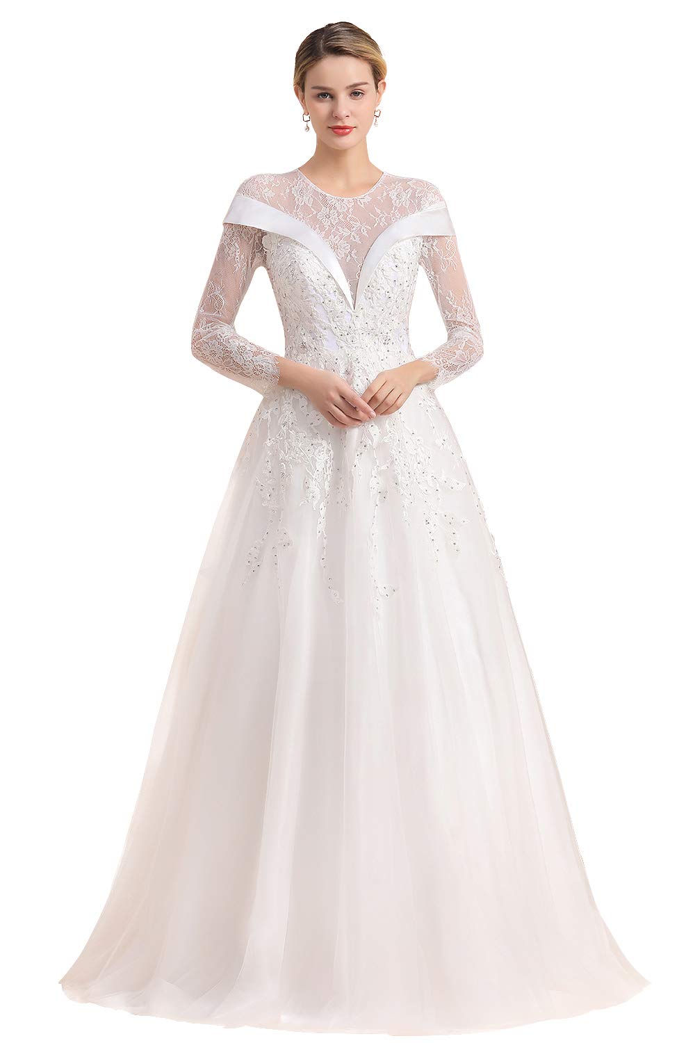 Elegant Long Sleeve Lace Wedding Dress for Bride - V-Neck Illusion Bridal Gown with Sheer Details | Perfect for Church Ceremony, Beach Wedding & Formal Reception