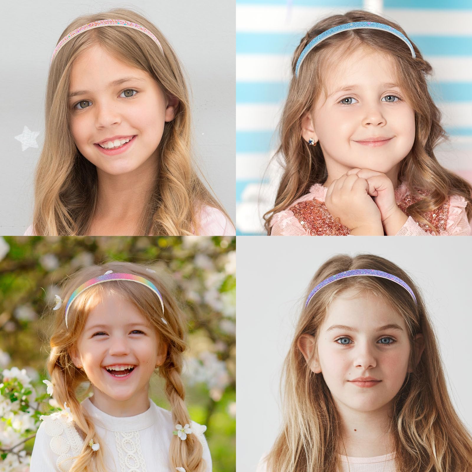 Sparkly Glitter Headbands for Girls - 4 Pack Non-Slip Thick Plastic Hair Bands with Teeth - Rainbow Confetti Chunky Hair Accessories for Kids & Teens - Perfect for Parties, School, and Everyday Wear