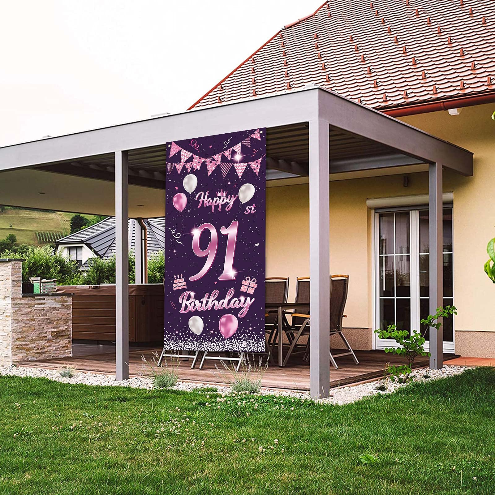 91st Birthday Decorations - Purple Rose Banner, Balloons & Confetti Backdrop for Women & Men | Cheers to 91 Years Party Supplies | Perfect for Door Cover, Porch & Birthday Party Backgrounds