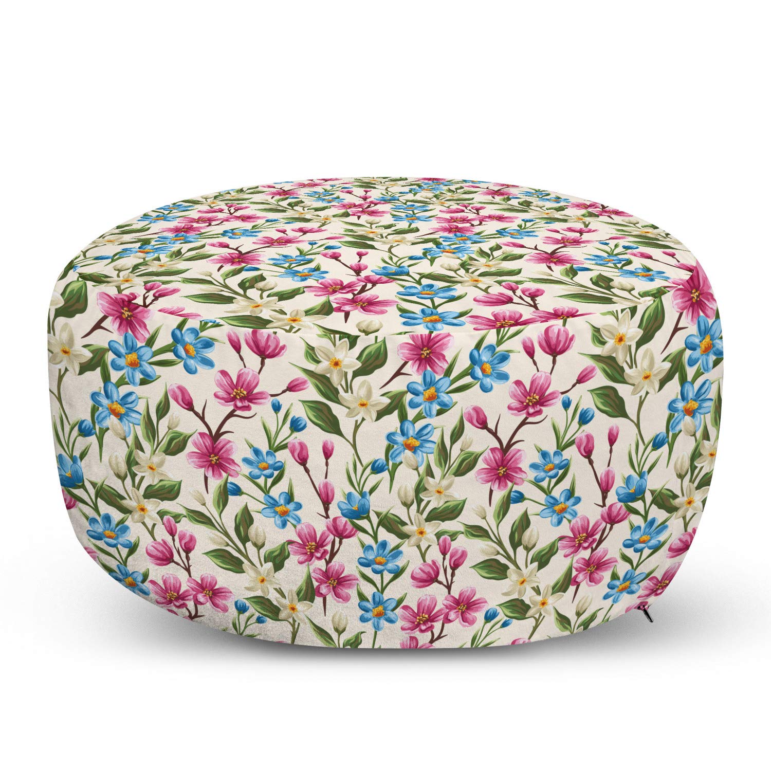Ambesonne Floral Ottoman Pouf - Shabby Chic Garden Design with Leaves & Ivy Print, Soft Decorative Foot Rest with Removable Cover for Living Room & Bedroom (Pink & Blue) | Perfect for Home Decor, Cozy Seating & Extra Storage
