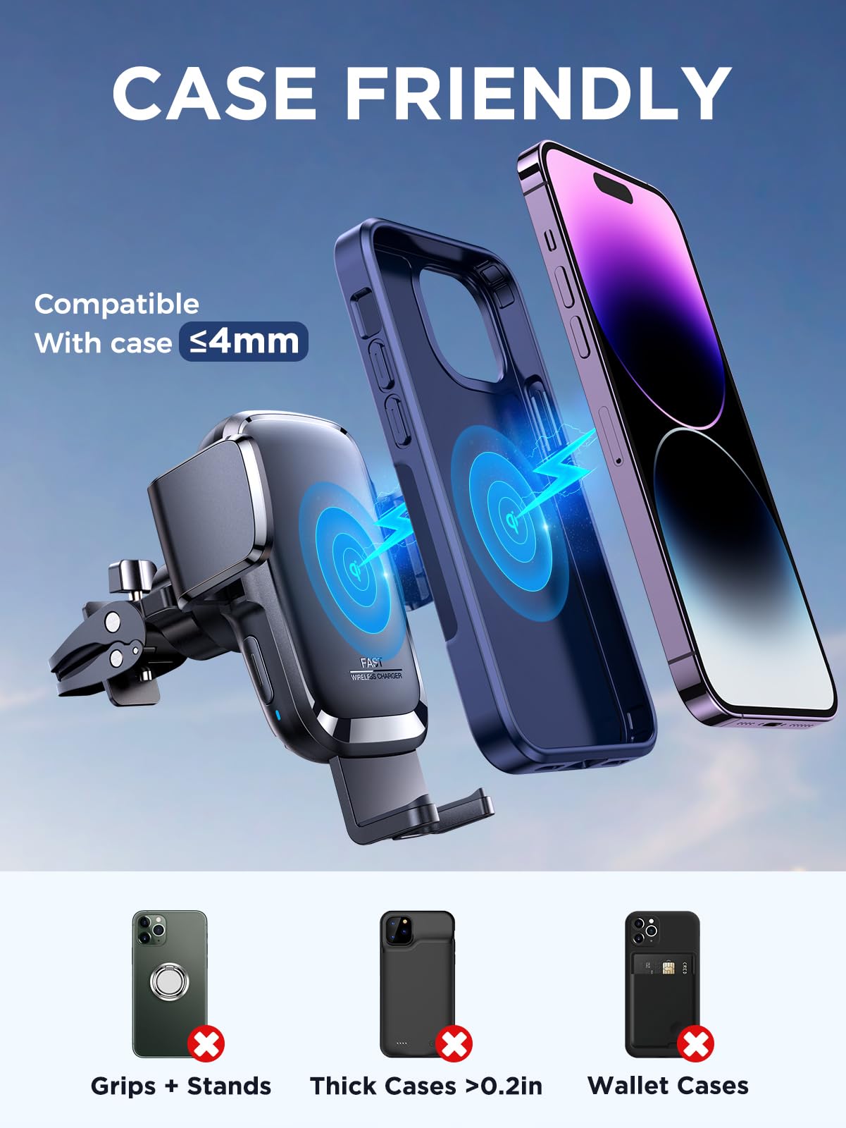15W Qi Fast Wireless Car Charger - Auto Clamping Phone Holder Mount for iPhone 16/15/14/13 Pro Max/XS, Galaxy S24 Ultra, LG & Google Pixel | Secure Charging While Driving | Perfect for Commutes & Road Trips