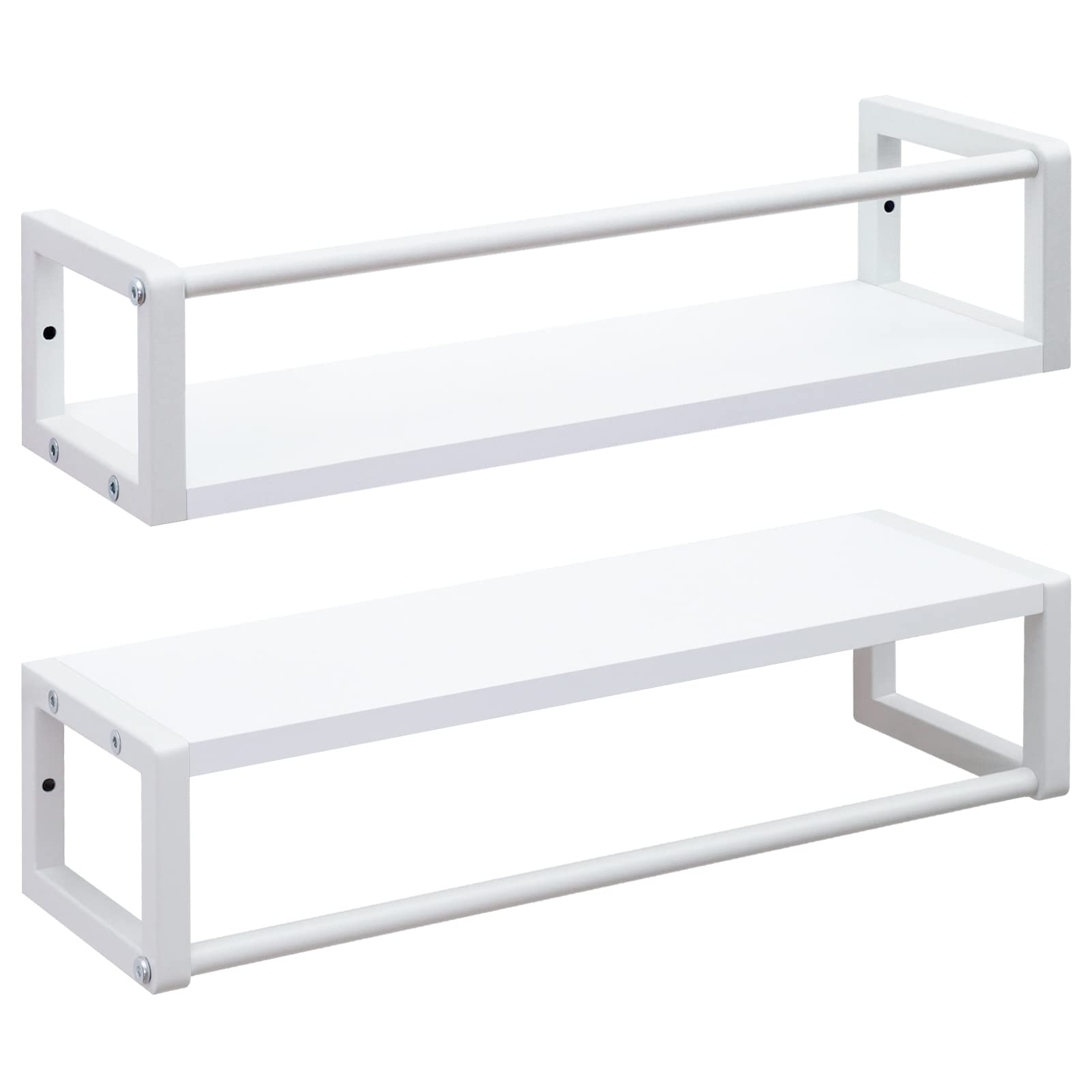TEAMIX 17 Inch White Floating Shelves Set of 2 - Wall Mounted Bathroom Shelves with Rail, Heavy Duty Wooden Shelf Organizer for Living Room, Kitchen, Bedroom - Perfect for Storing Toiletries, Books & Decor (White)