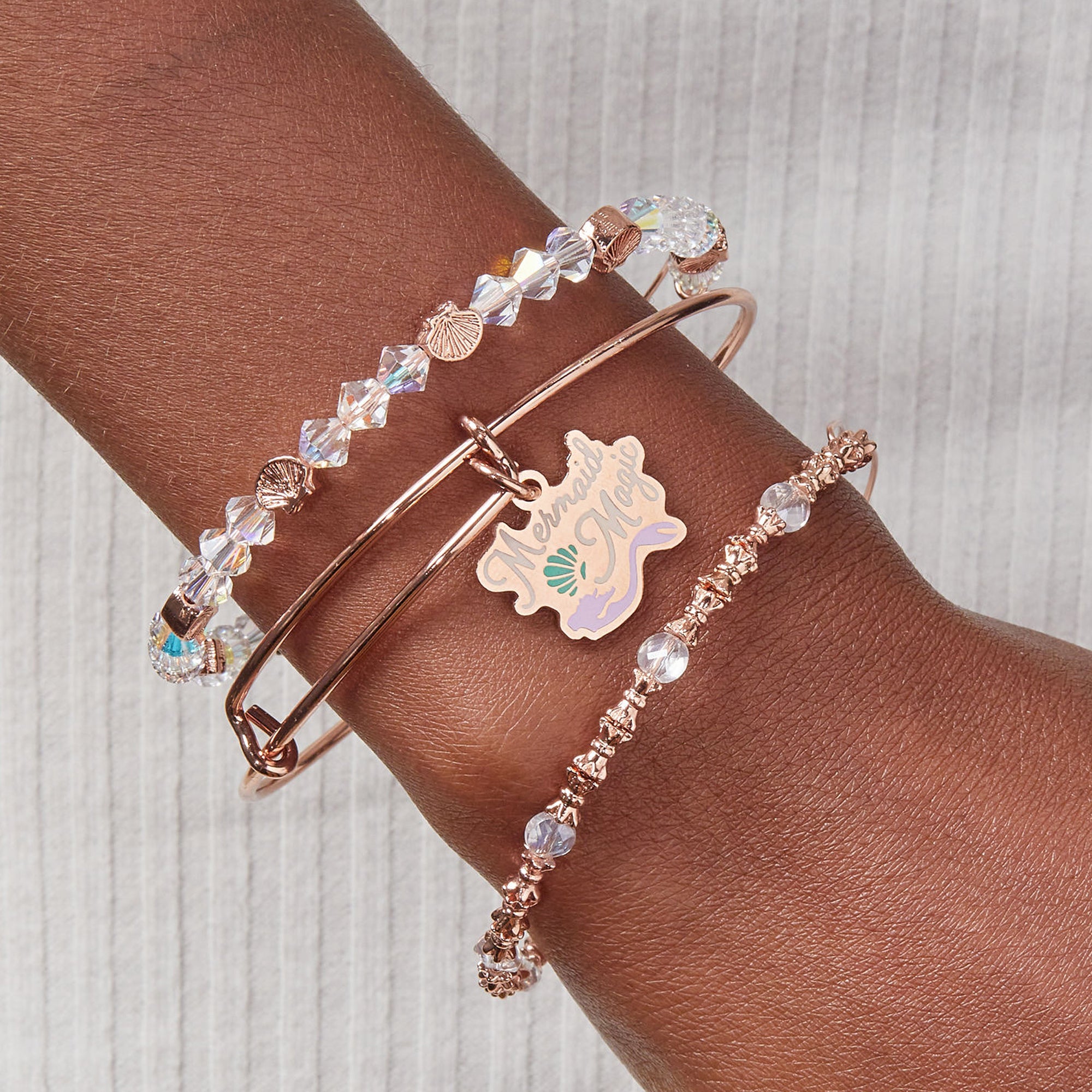 Mermaid Magic Charm Bangles Set of 3 - Adjustable Beaded Bracelets for Women & Teens - Perfect for Beach Parties, Summer Fashion & Boho Style Accessories