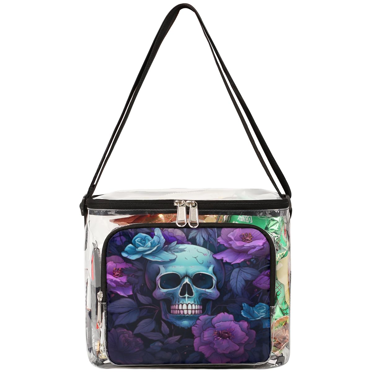 Skull Floral Transparent Tote Bag with Handles - Clear Crossbody Shoulder Bag for Lunch, Travel & Outdoor Activities | Perfect for Picnics, Concerts, Sports Events & Stadium Approved | Fashionable Sugar Skull Design