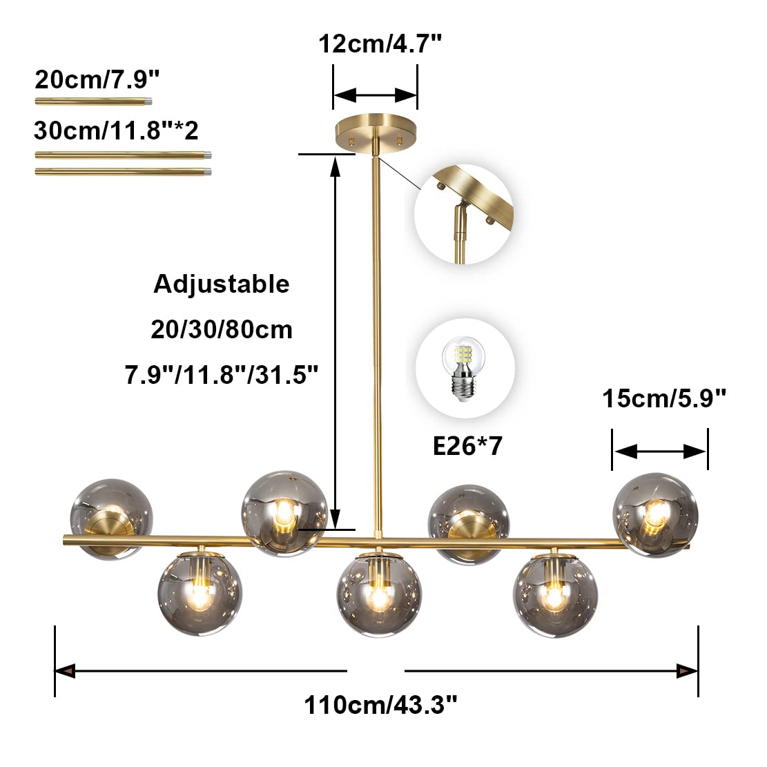 Mid Century Modern Brass Linear Chandelier with Smoke Glass Pendant - Large Gold Globe Chandelier for Dining Room Lighting | Perfect for Contemporary Dining Rooms, Kitchens & Entryways