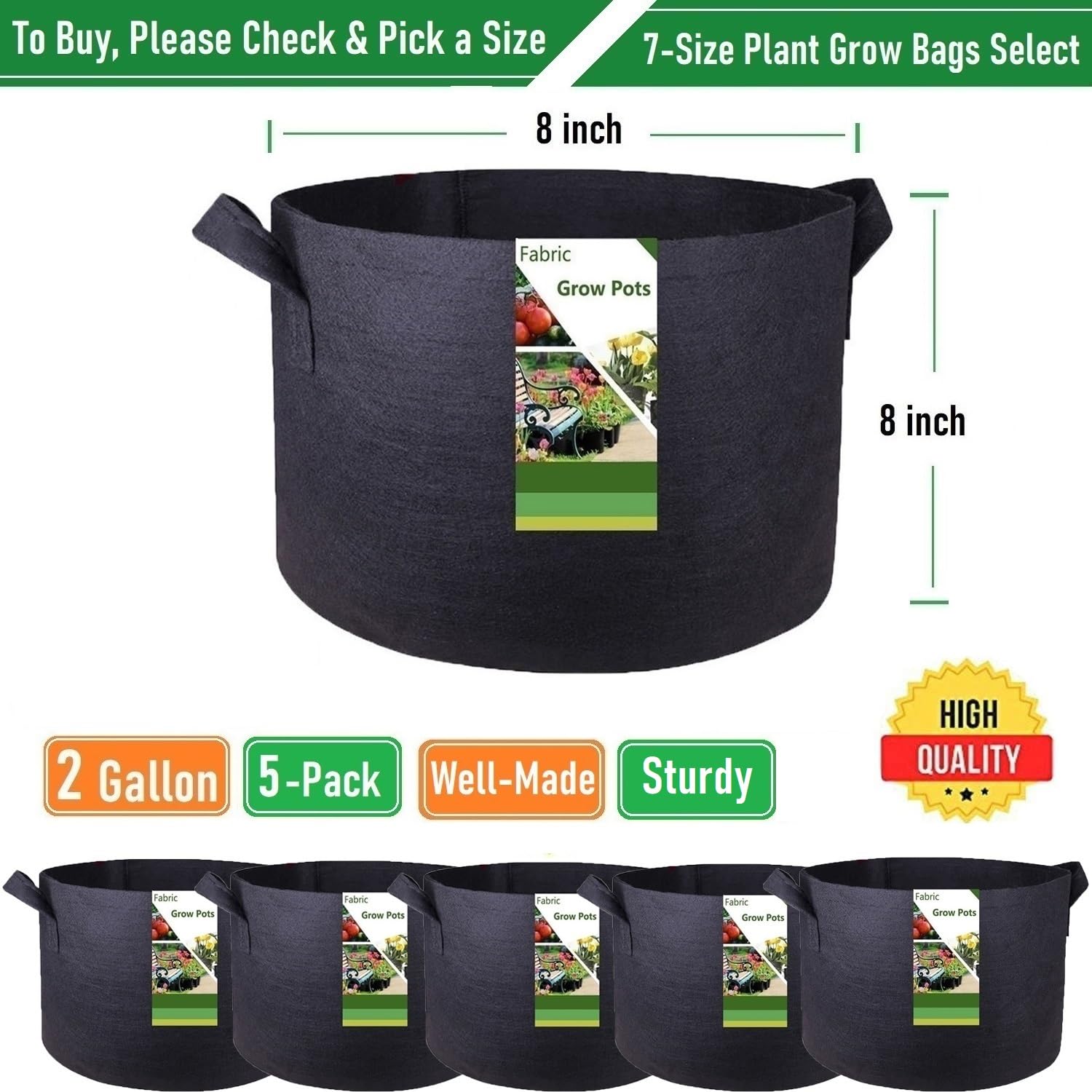5-Pack 2 Gallon Thickened Fabric Plant Grow Bags (8x8 Inch) - Durable Nursery Pots for Herbs, Vegetables, Flowers - Ideal for Indoor/Outdoor Gardening, Balcony Planting & Container Gardening with Free Garden Gloves