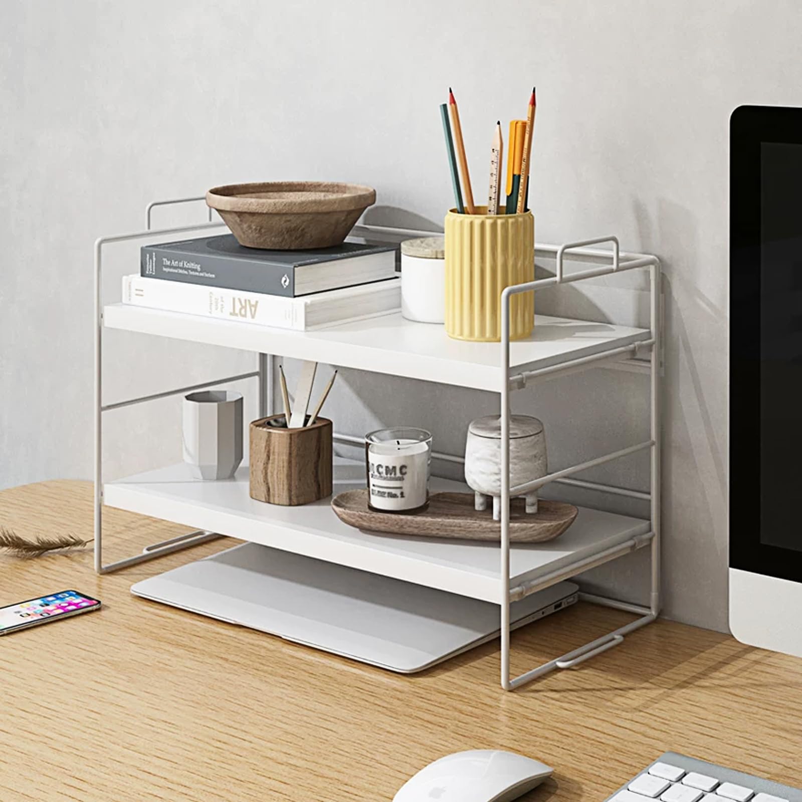 2-Tier White Desktop Organizer Shelf - Adjustable Office Supplies Storage Rack for Desk, School & Kitchen | Perfect for Organizing Pens, Files & Small Items in Workspaces, Dorms & Home Offices