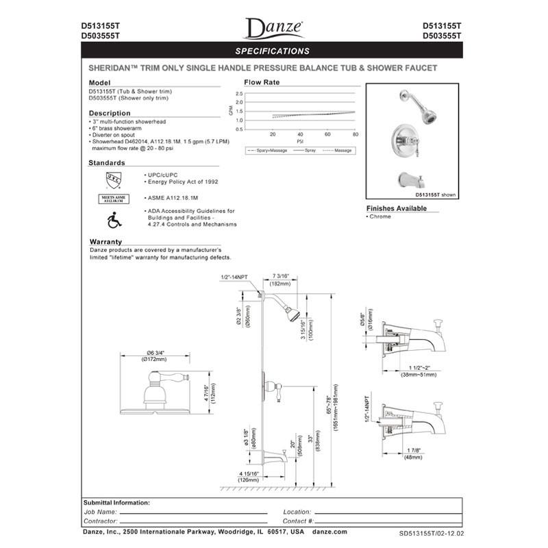 Danze Sheridan Chrome 1-Handle Pressure Balance Tub and Shower Faucet with Rough-in Valve - 1.5 GPM Flow Rate | Perfect for Bathroom Renovations & Modern Home Upgrades