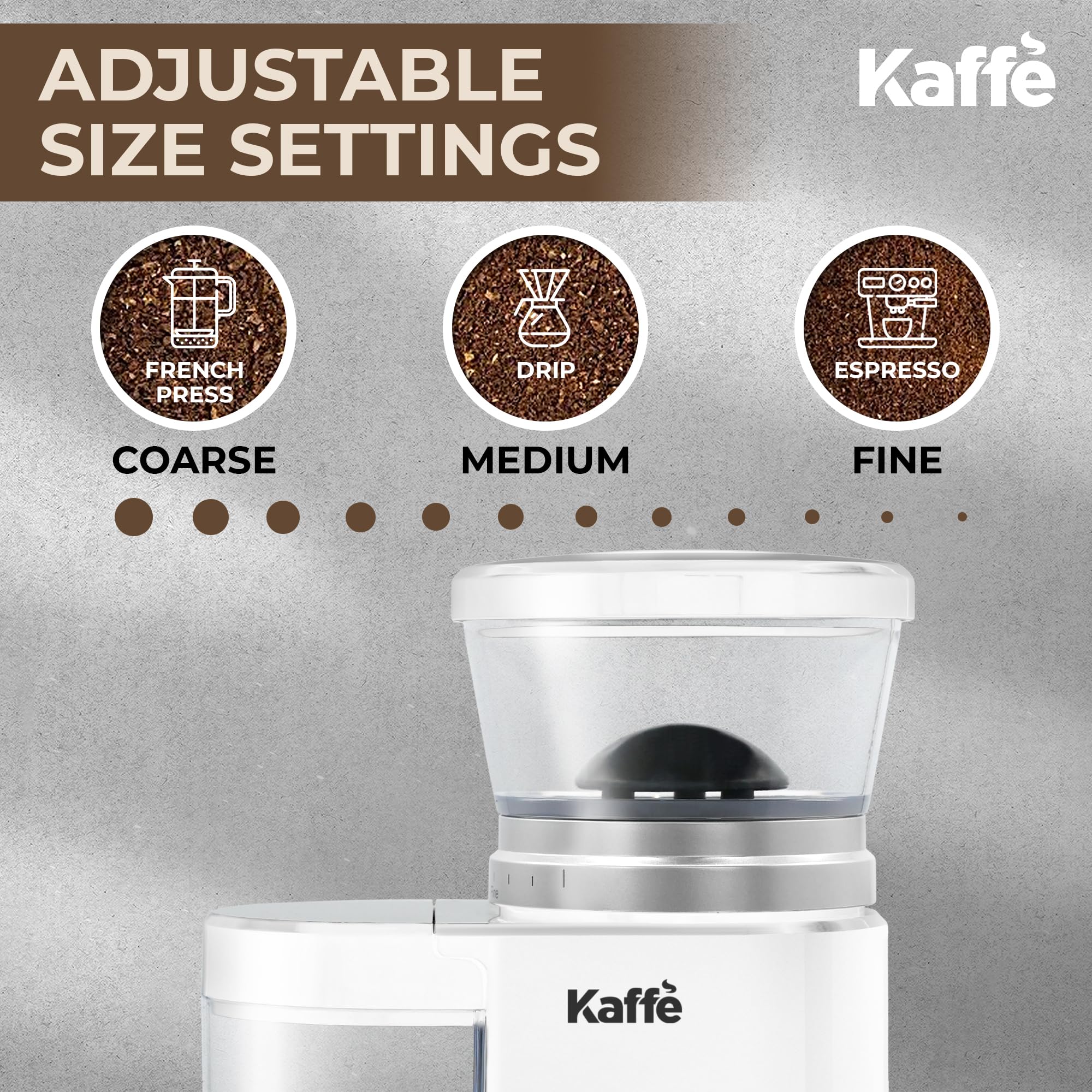 Premium Kaffe Electric Burr Coffee Grinder 5.5oz - Adjustable Coarseness Settings & Flat Burr Design - Upgraded Motor for Consistent Grinding - Perfect for Espresso, French Press & Drip Coffee - Ideal Home Coffee Bean Grinder (White)