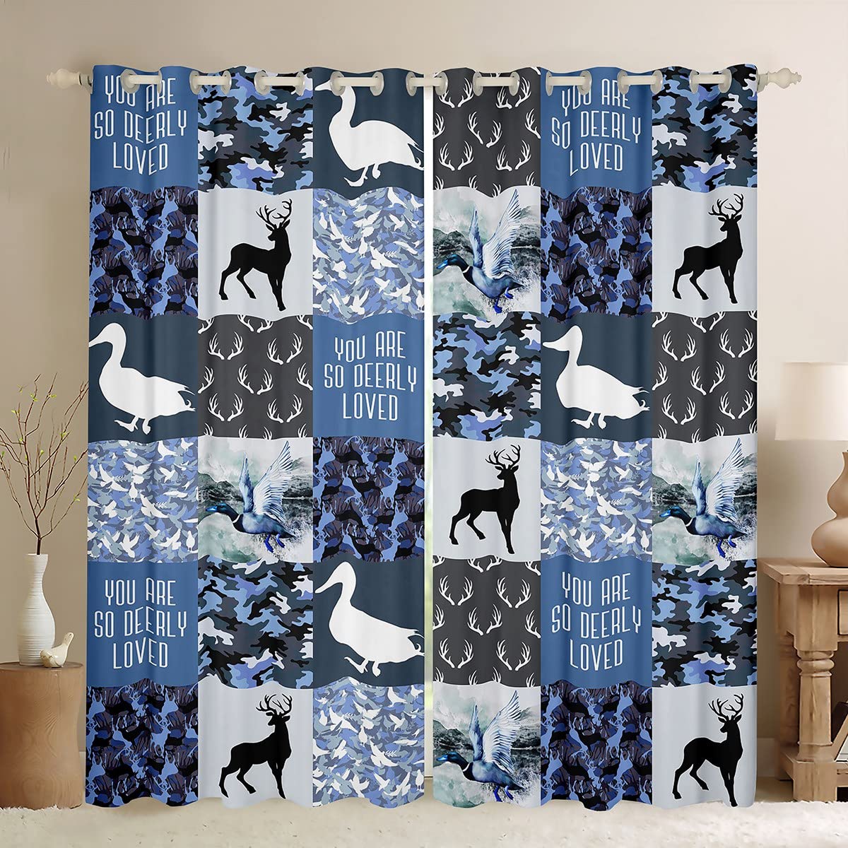 Christmas Camo Antler Blackout Curtains for Living Room & Bedroom - Farmhouse Style Duck Wild Animal Window Drapes, Jungle Camouflage Plaid Patchwork Window Treatment (2 Panels, 38x45 Inches) - Perfect for Hunting Lodge, Cabin Decor & Wildlife Themed Rooms