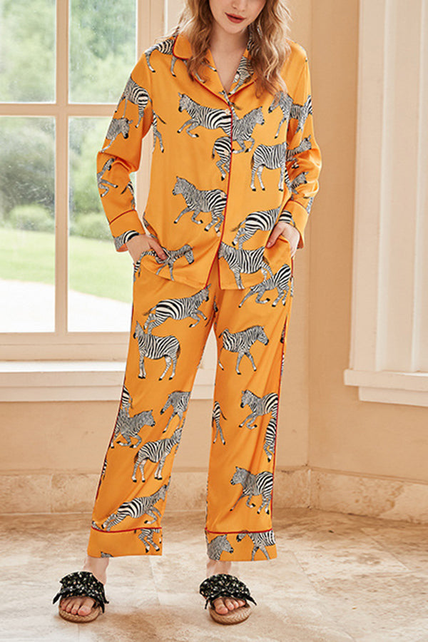 Yellow Zebra Print Long Sleeve Two-Piece Pajama Set - Cozy Loungewear for Women, Soft Sleepwear & Home Outfit for Relaxing Evenings